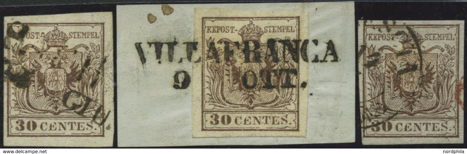 LOMBARDEI UND VENETIEN 4Xao, BrfStk, 1850, 30 C. Dunkelbraun (3x), Handpapier, Type I, Je Mit Plattenfehler Farbfleck Im - Lombardo-Vénétie