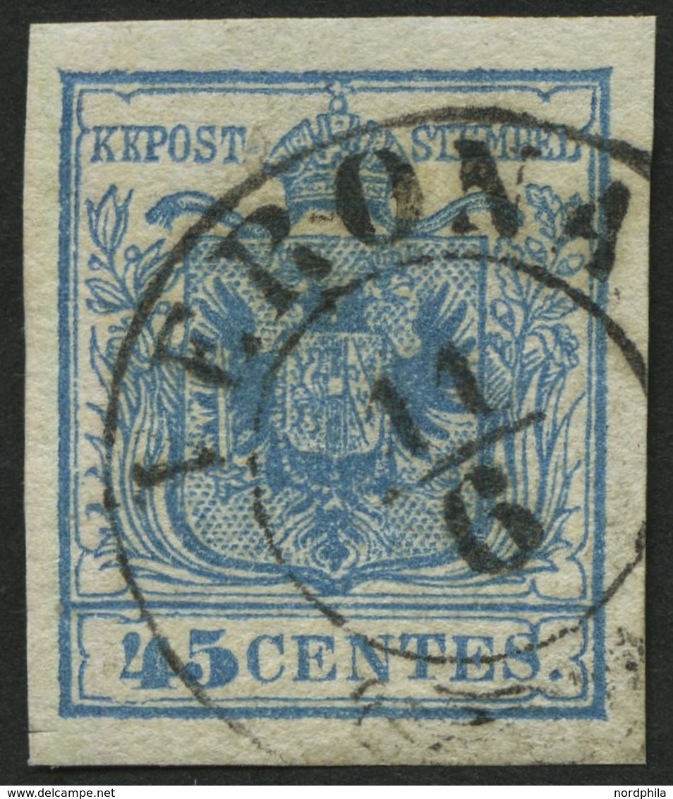 LOMBARDEI UND VENETIEN 5Xa O, 1850, 45 C. Blau, Handpapier, Type I, K2 VERONA, Kabinett - Lombardo-Veneto