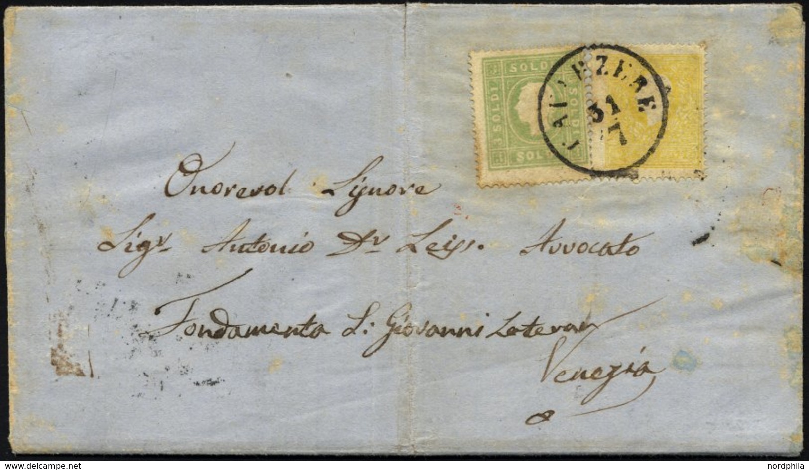 LOMBARDEI UND VENETIEN 6II,8 BRIEF, 1858, 2 So. Gelb Und 3 So. Grün, Type II, Auf Brief Von CAVARZERE (K1) Nach Venezia, - Lombardo-Veneto