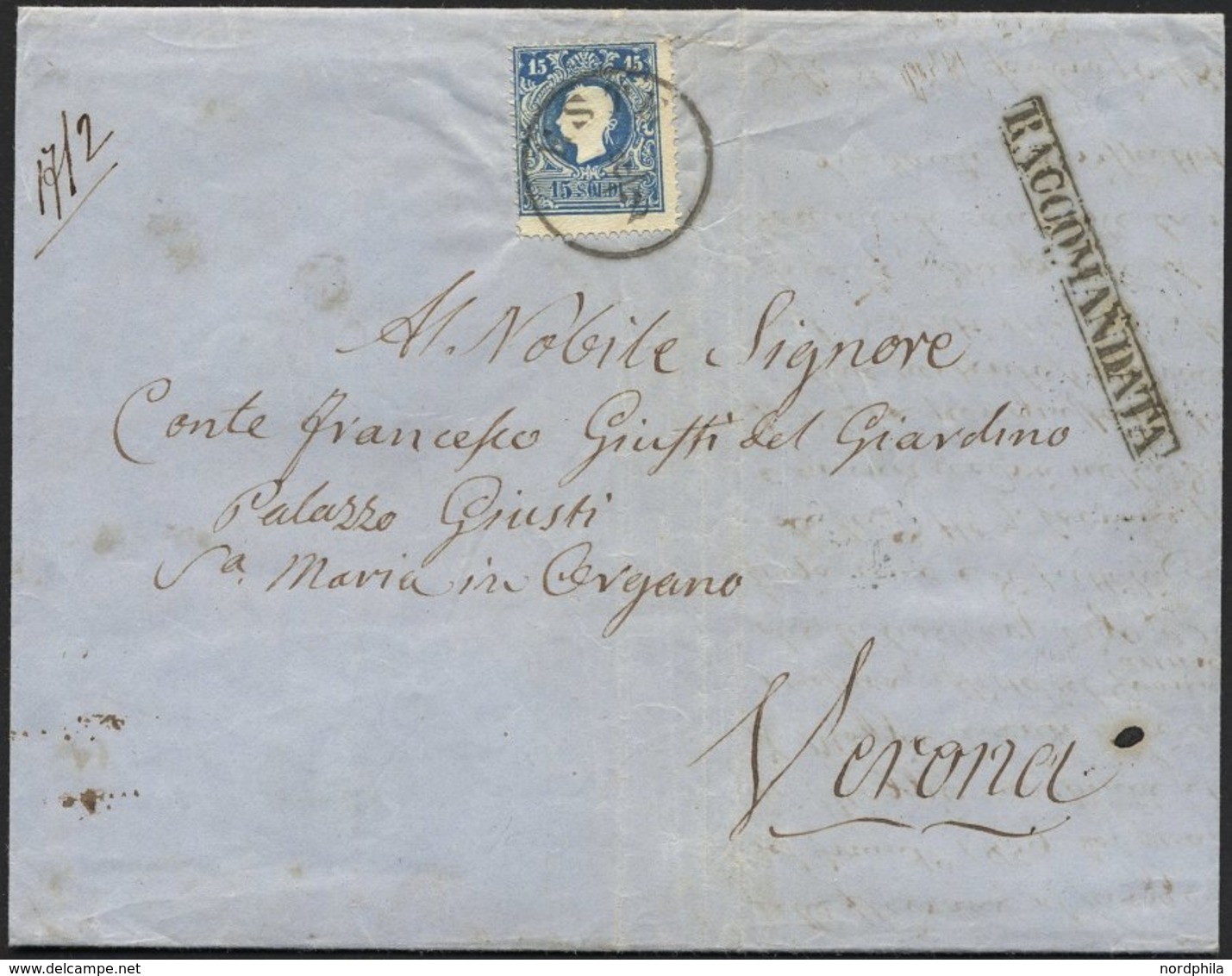 LOMBARDEI UND VENETIEN 10/1II BRIEF, 1860, 15 So. Blau Und 10 So. Lilabraun (rückseitig), Type II, Auf Gesiegeltem Brief - Lombardije-Venetië