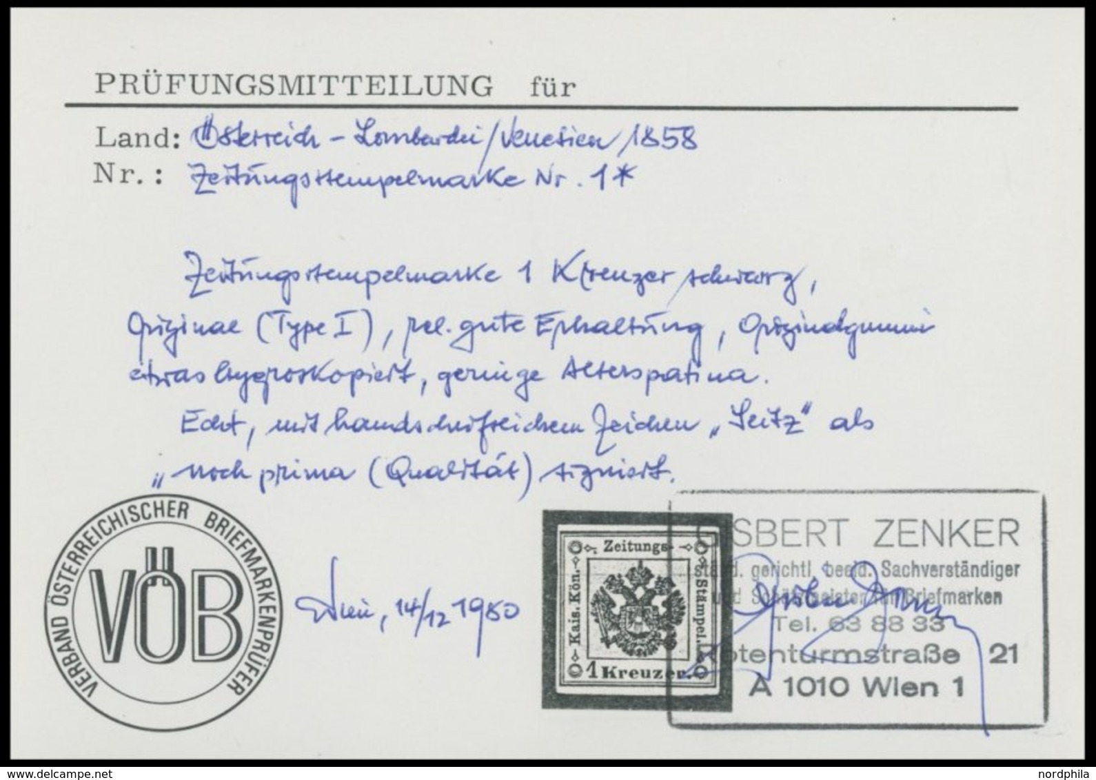 LOMBARDEI UND VENETIEN Z 1 *, Zeitungsstempelmarken: 1859, 1 Kr. Schwarz, Falzrest, Minimale Alterspatina, Pracht, Signi - Lombardije-Venetië