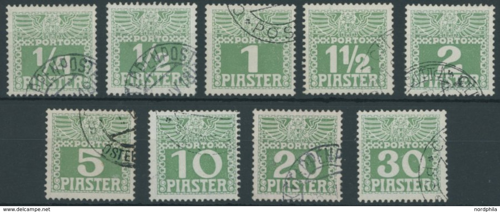 POST IN DER LEVANTE P 6-14xa O, 1908, Ziffer Hellgrün, Gestrichenes Papier, Prachtsatz (9 Werte), Stempel Ohne Obligo - Oostenrijkse Levant