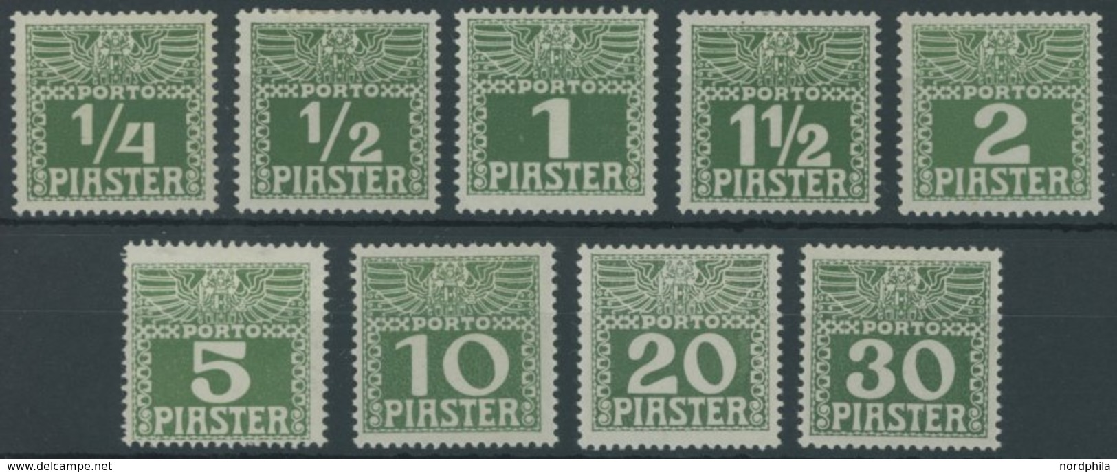 POST IN DER LEVANTE P 6-14yb *, 1908, Ziffer, Dickes Papier, Falzrest, Prachtsatz (9 Werte), Mi. 140.- - Oostenrijkse Levant