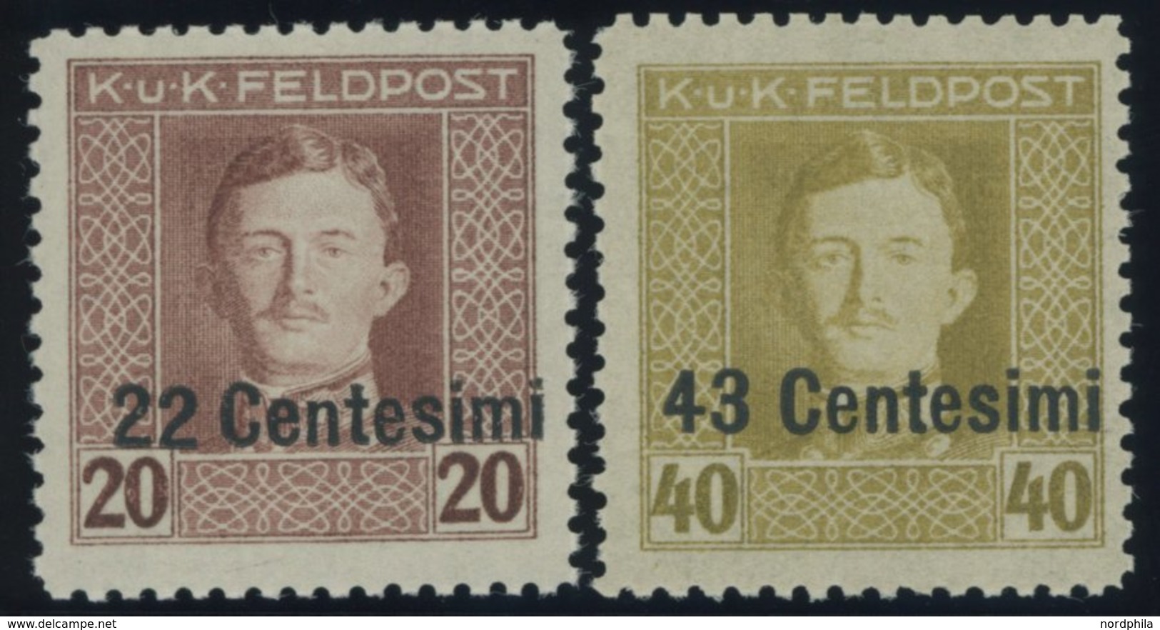 FELDPOST ITALIEN 9,12B **, 1918, 22 C. Auf 20 H. Lilabraun Und 43 C. Auf 40 H. Gelboliv, Gezähnt L 111/2, Postfrisch, 2  - Other & Unclassified