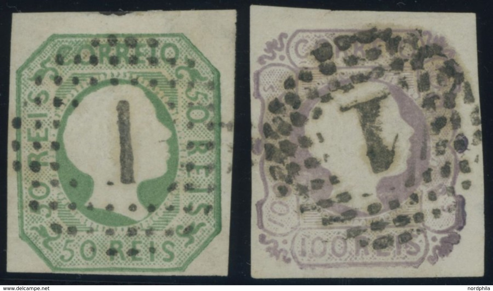 PORTUGAL 7a,8 O, 1855, 50 R. Gelbgrün Und 100 R. Lila, Nummernstempel 1, 2 Prachtwerte, Mi. 230.- - Other & Unclassified