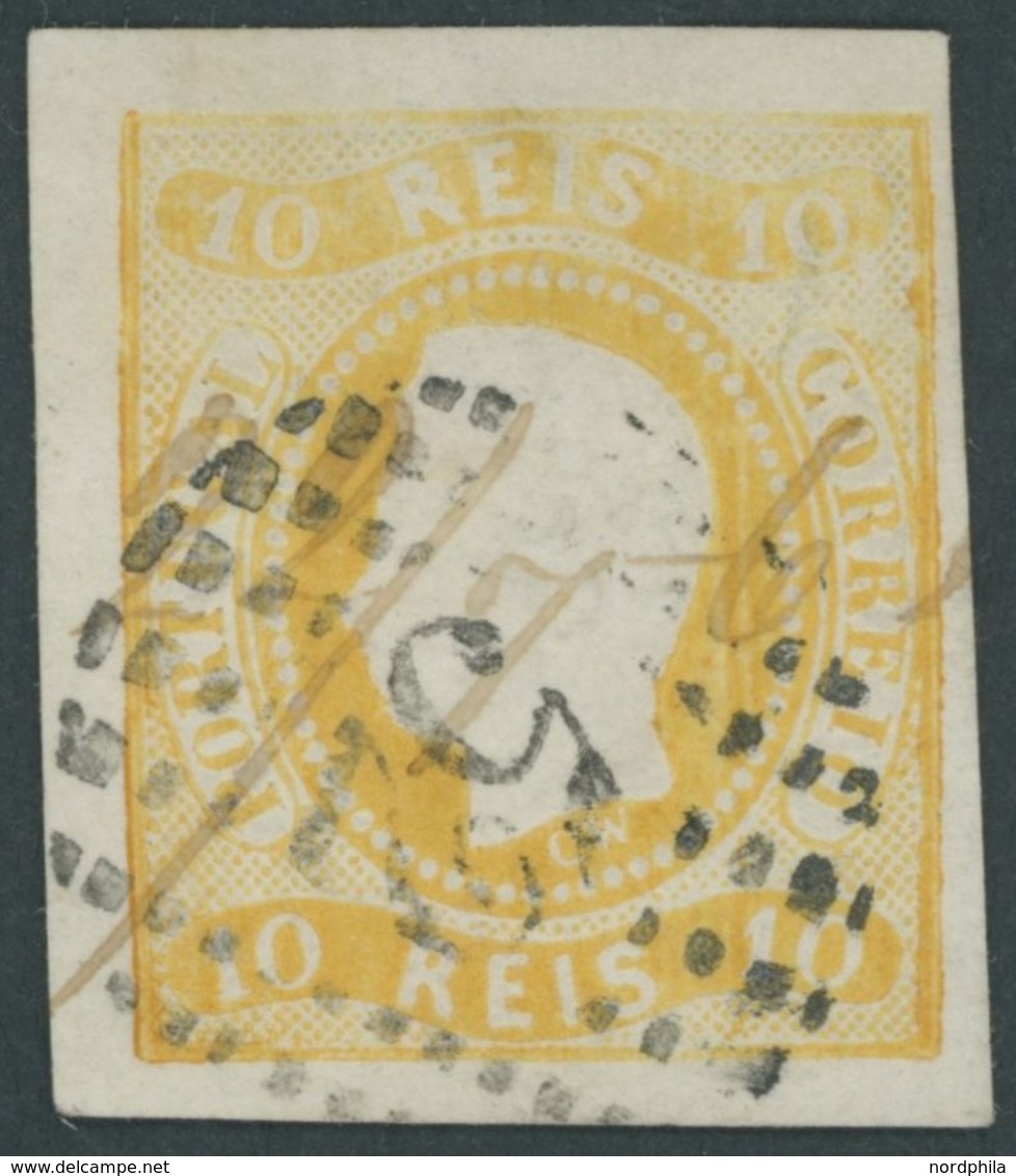 PORTUGAL 18 O, 1866, 10 R. Gelb, Nummernstempel 32 Und Federzug, Pracht, Mi. 200.- - Other & Unclassified