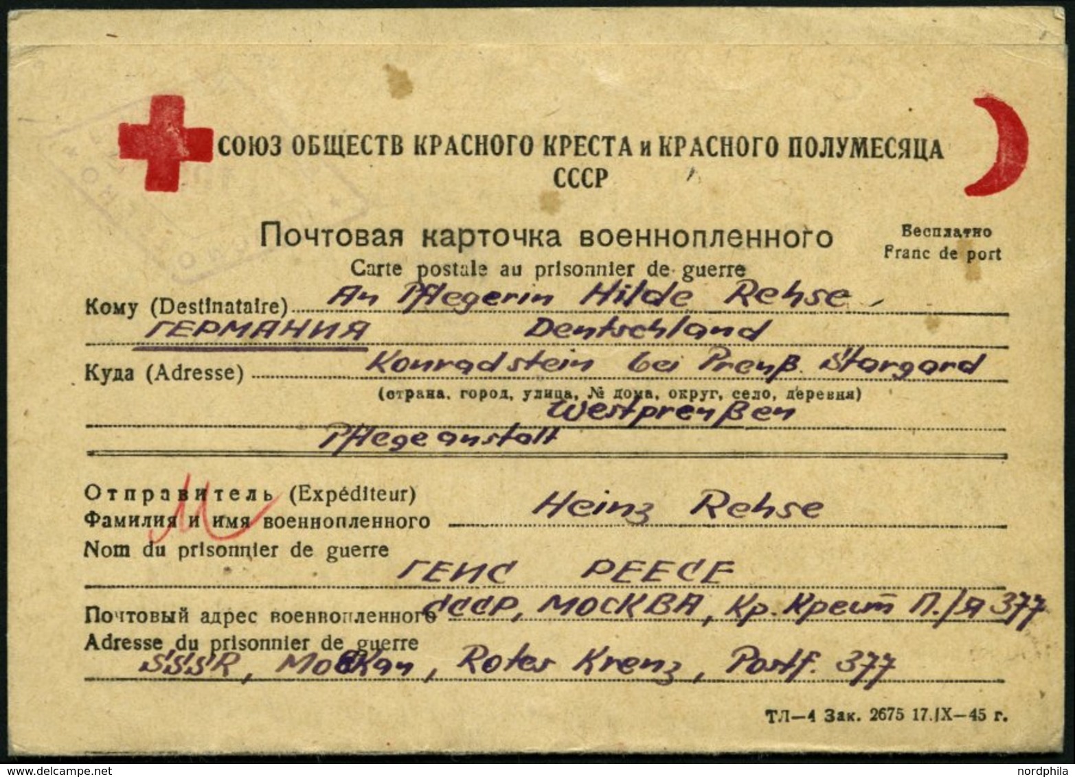 RUSSLAND 1946, Rotes Kreuz-Kriegsfangenen-Vordruckkartenbrief Von Russland Nach Deutschland, Mit Rückantwortkarte, Feins - Altri & Non Classificati