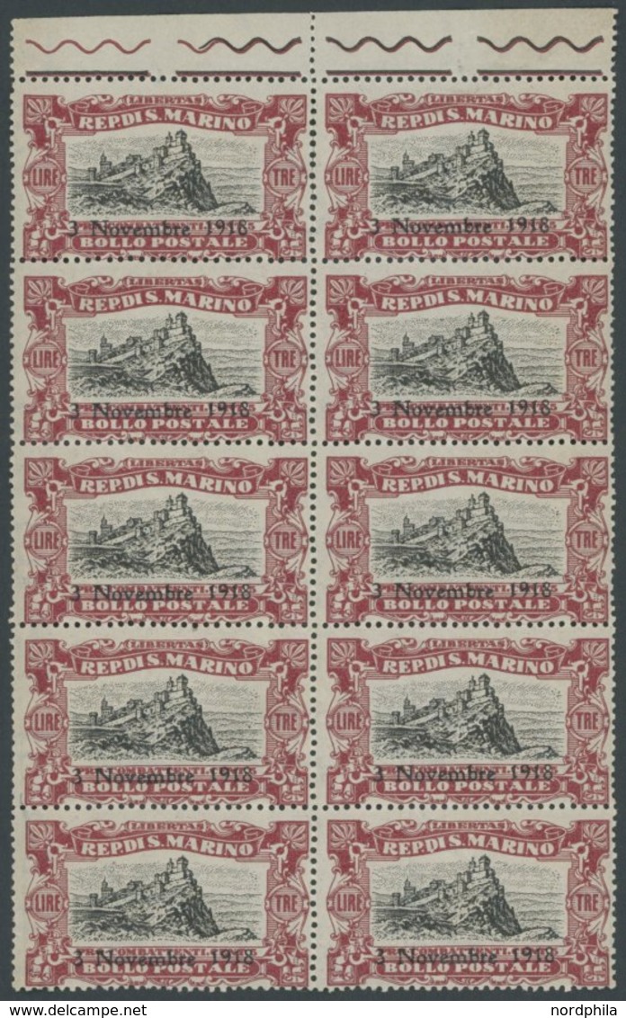 SAN MARINO 67 **, 1918, 3 L. Karmin/schwarz Im Postfrischen Zehnerblock, Teils Leicht Angetrennt, Pracht, Mi. (300.-) - Altri & Non Classificati