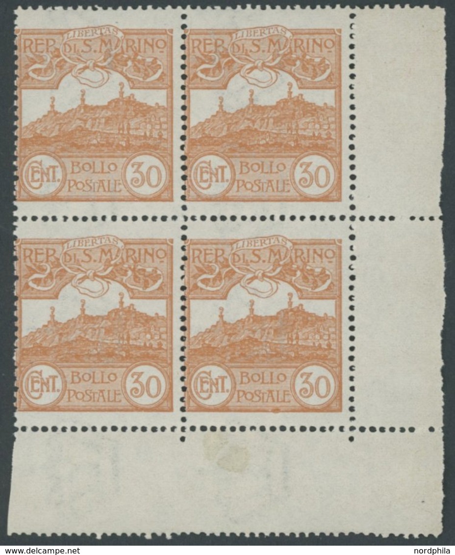 SAN MARINO 114 VB **, 1925, 30 C. Orange Im Eckrandviererblock, Postfrisch, Pracht, Mi. 240.- - Otros & Sin Clasificación