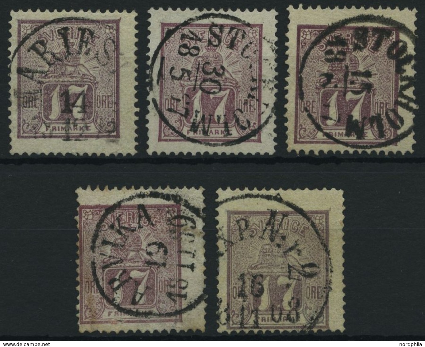 SCHWEDEN 15a O, 1866, 17 Ö. Rotlila, 5 Werte In Farbnuancen, Feinst/Pracht, Mi. 700.- - Gebruikt