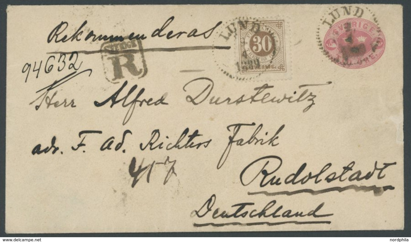 SCHWEDEN 35 BRIEF, 1889, 30 Ö. Braun Als Zusatzfrankatur Auf 12 Ö. Rosa Ganzsachenumschlag, Reco-brief Von LUND Nach Deu - Used Stamps