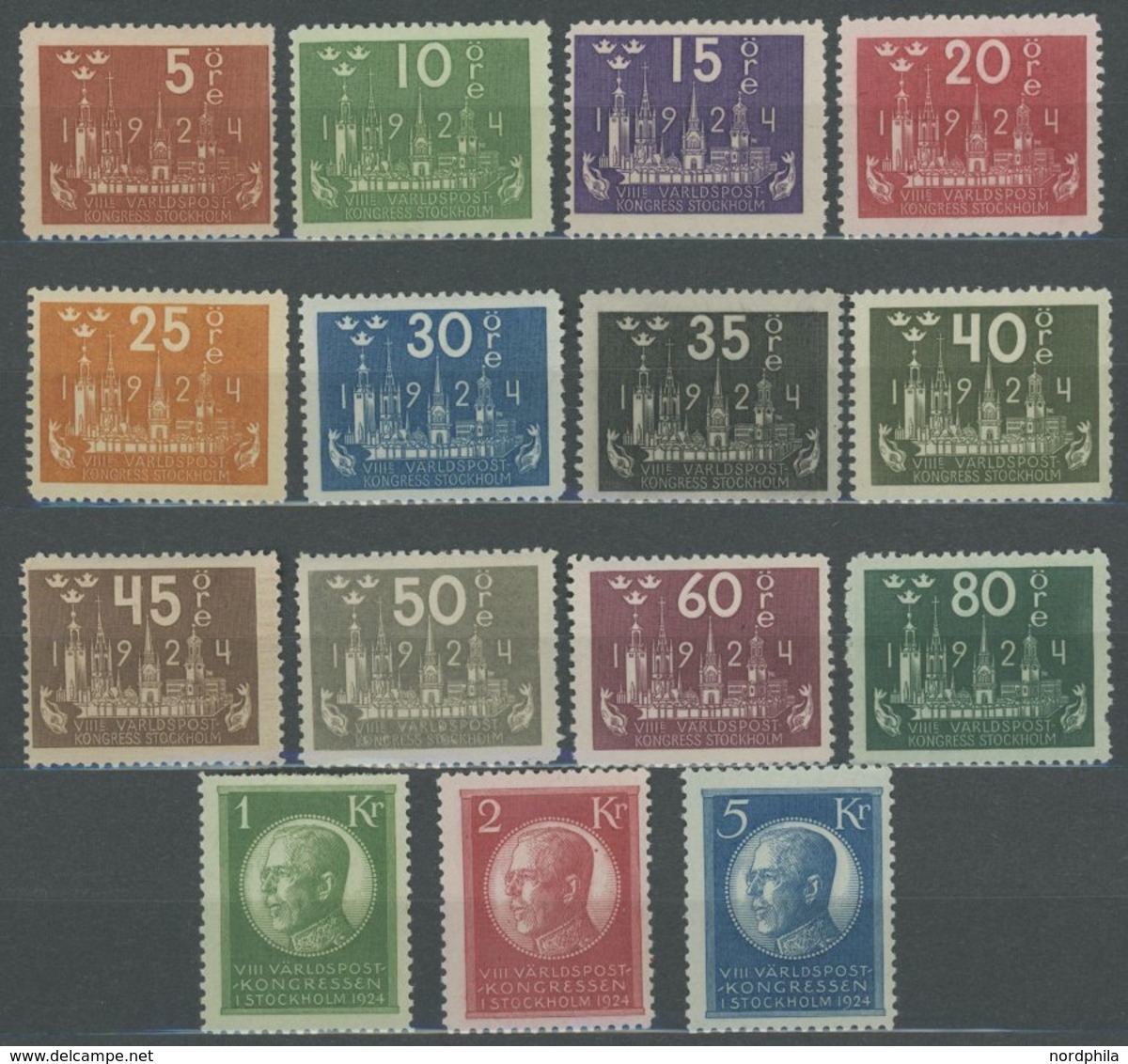 SCHWEDEN 144-58 **, 1924, Weltpostkongress, 10, 80 Ö Und 1 Kr. Zahnfehler Sonst Prachtsatz, Mi. 1300.- - Gebruikt