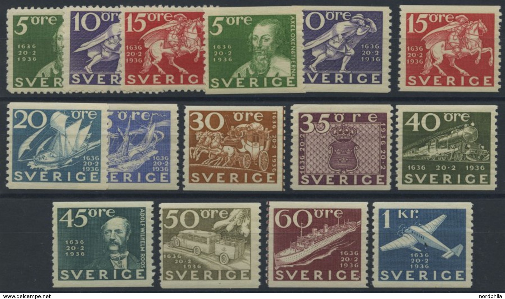 SCHWEDEN 227-38A/B **, 1936, 300 Jahre Post, Prachtsatz (15 Werte), Mi. 360.- - Gebruikt