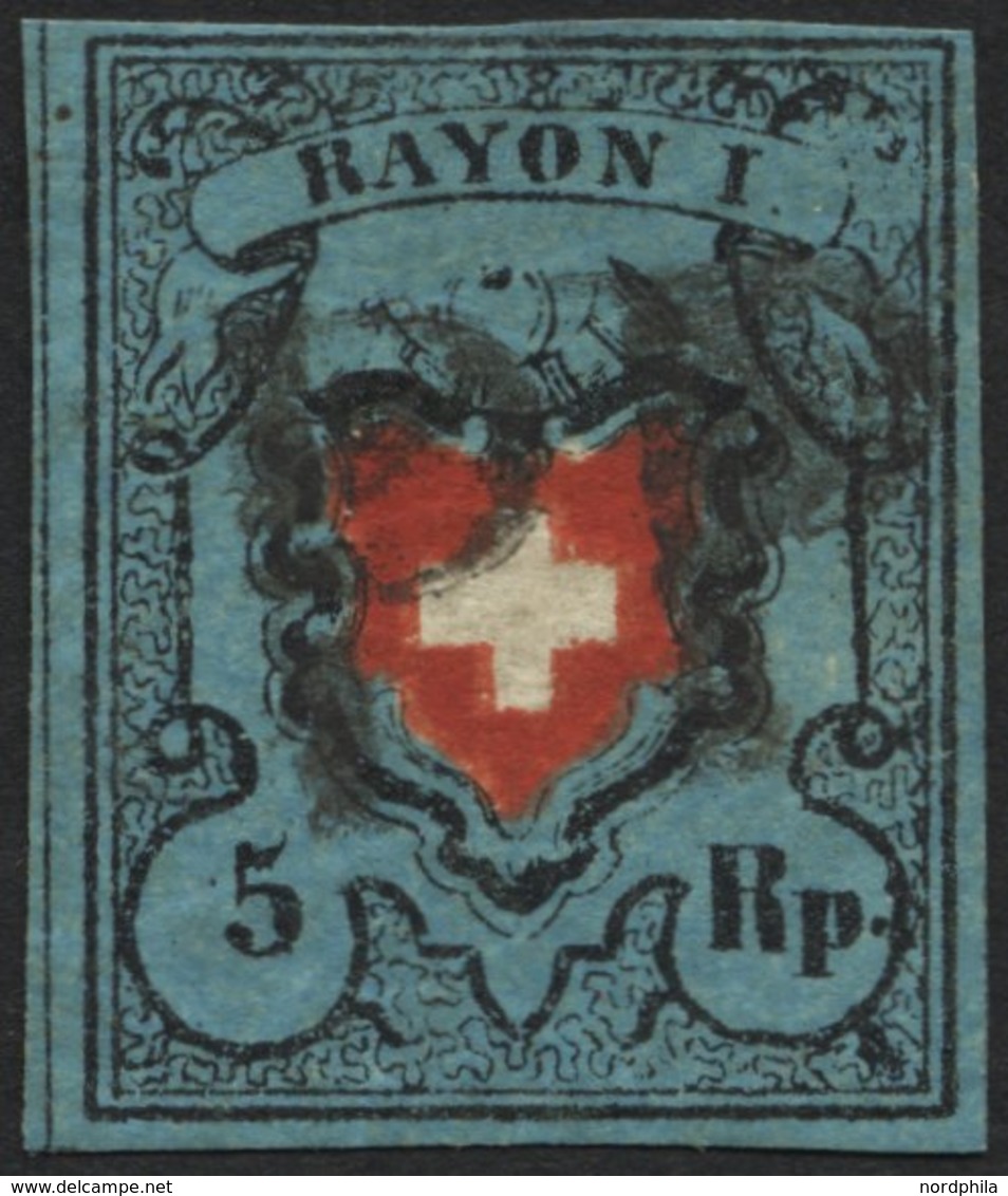 SCHWEIZ BUNDESPOST 7IIDDII O, 1850, 5 Rp. Schwarz/zinnoberrot Auf Blau, Ohne Kreuzeinfassung, Doppelter Rotdruck Des Wap - Altri & Non Classificati