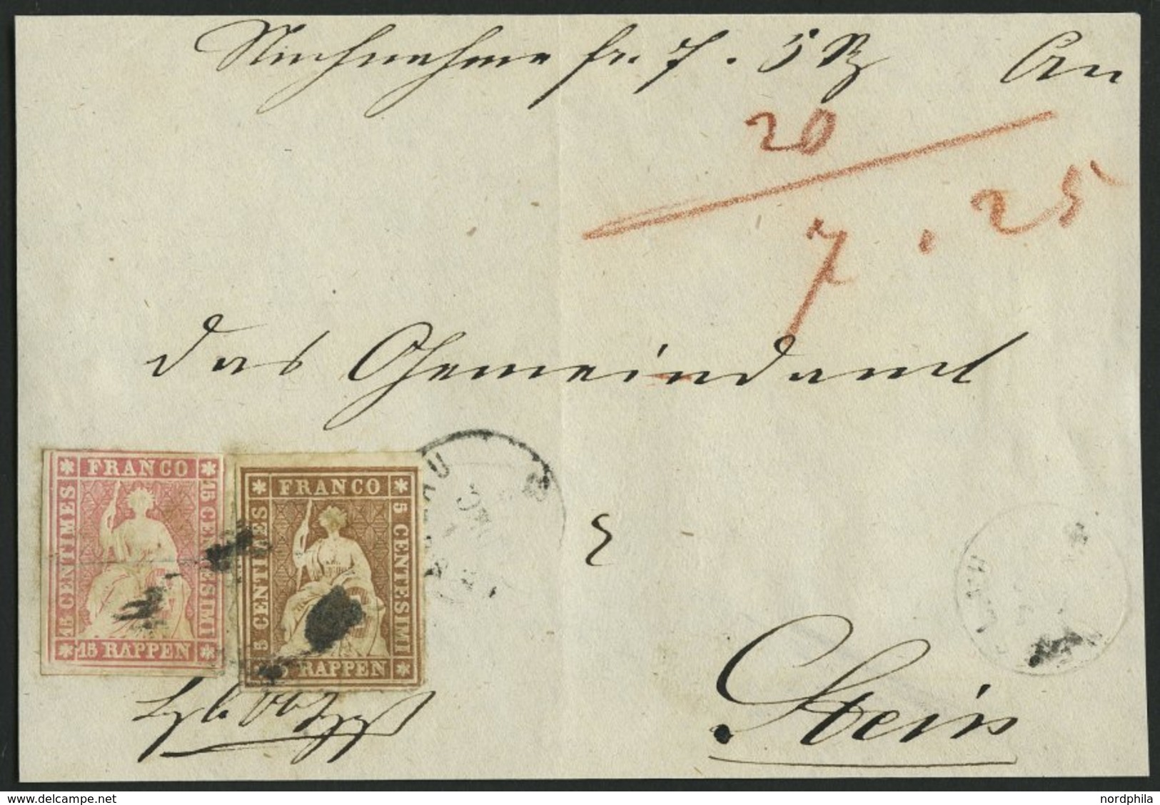 SCHWEIZ BUNDESPOST 13,15IIAym BrfStk, 1855, 5 Rp. Graubraun (vollrandig, Oberrandstück) Mit 15 Rp. Rosa (dreiseitig Voll - Altri & Non Classificati