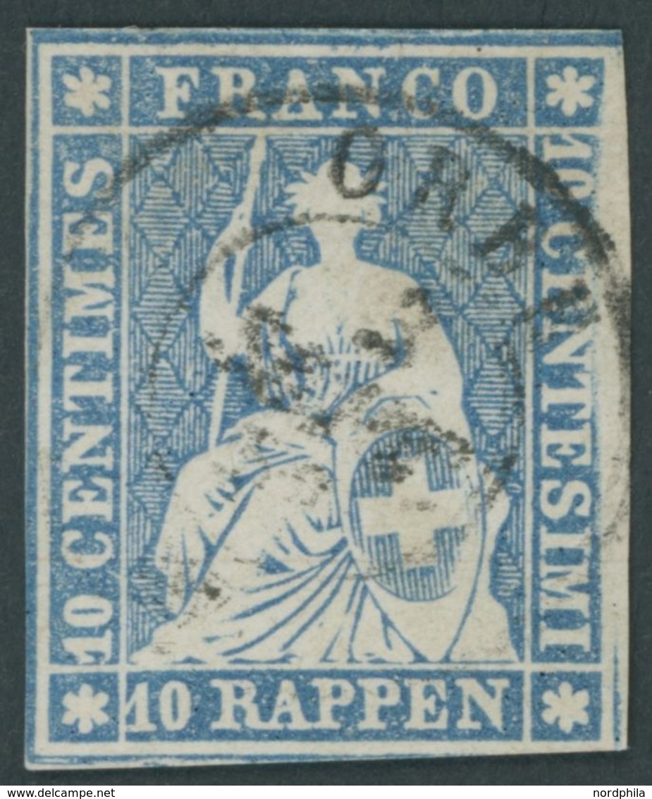 SCHWEIZ BUNDESPOST 14IIByo O, 1857, 10 Rp. Blau, Roter Seidenfaden, Berner Druck II, (Zst. 23Cc), Mit Druckabart Fehlend - Andere & Zonder Classificatie