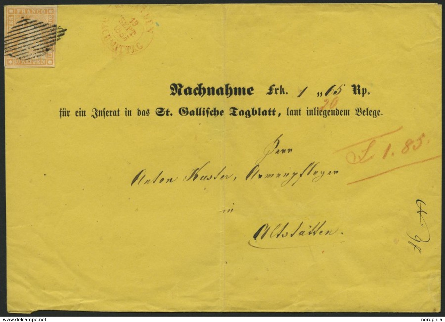 SCHWEIZ BUNDESPOST 16IIAym BRIEF, 1855, 20 Rp. Gelborange, Berner Druck I, (Zst. 25Ba), Fast Allseits Breitrandig, Auf G - Andere & Zonder Classificatie