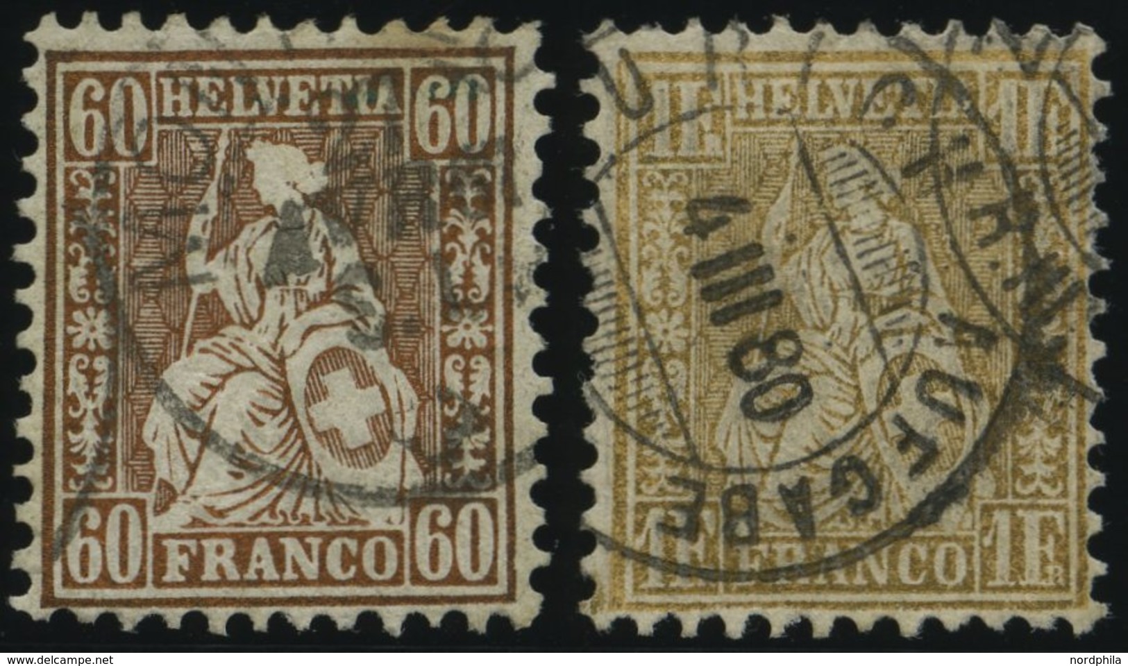 SCHWEIZ BUNDESPOST 27,28c O, 1863/4, 60 C. Rötlichbronze Und 1 Fr. Gold, 2 Werte Feinst, Mi. 270.- - Other & Unclassified