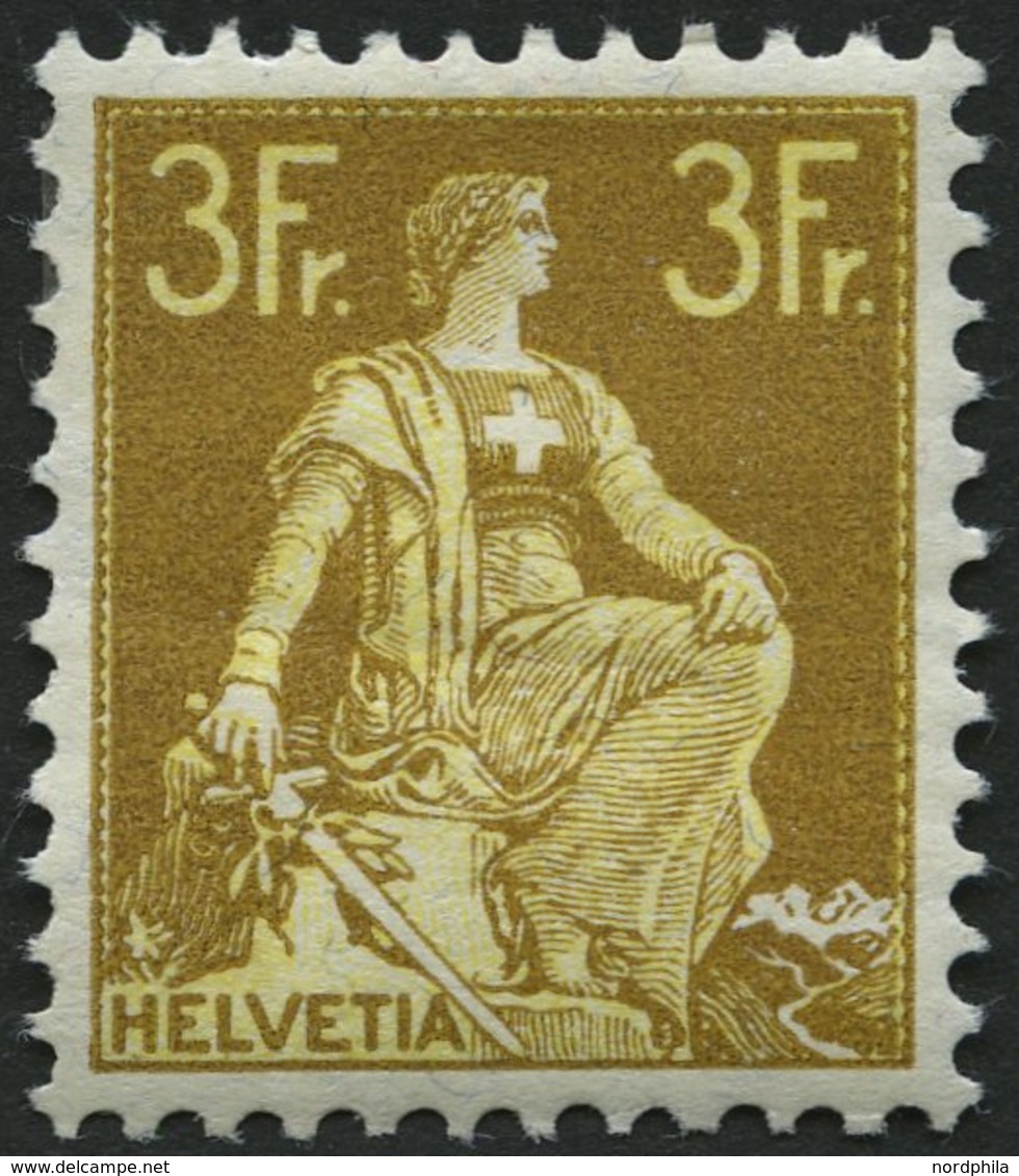 SCHWEIZ BUNDESPOST 110 *, 1908, 3 Fr. Schwärzlichgraugelb/mattgelb, Falzreste, Gummi Etwas Wellig, Pracht, Mi. 320.- - Andere & Zonder Classificatie