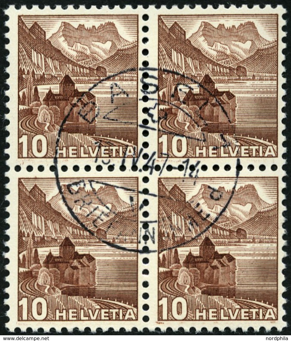 SCHWEIZ BUNDESPOST 363z VB O, 1940, 10 C. Dunkelrötlichbraun, Geriffelter Gummi, Im Zentrisch Gestempelten Viererblock,  - Andere & Zonder Classificatie