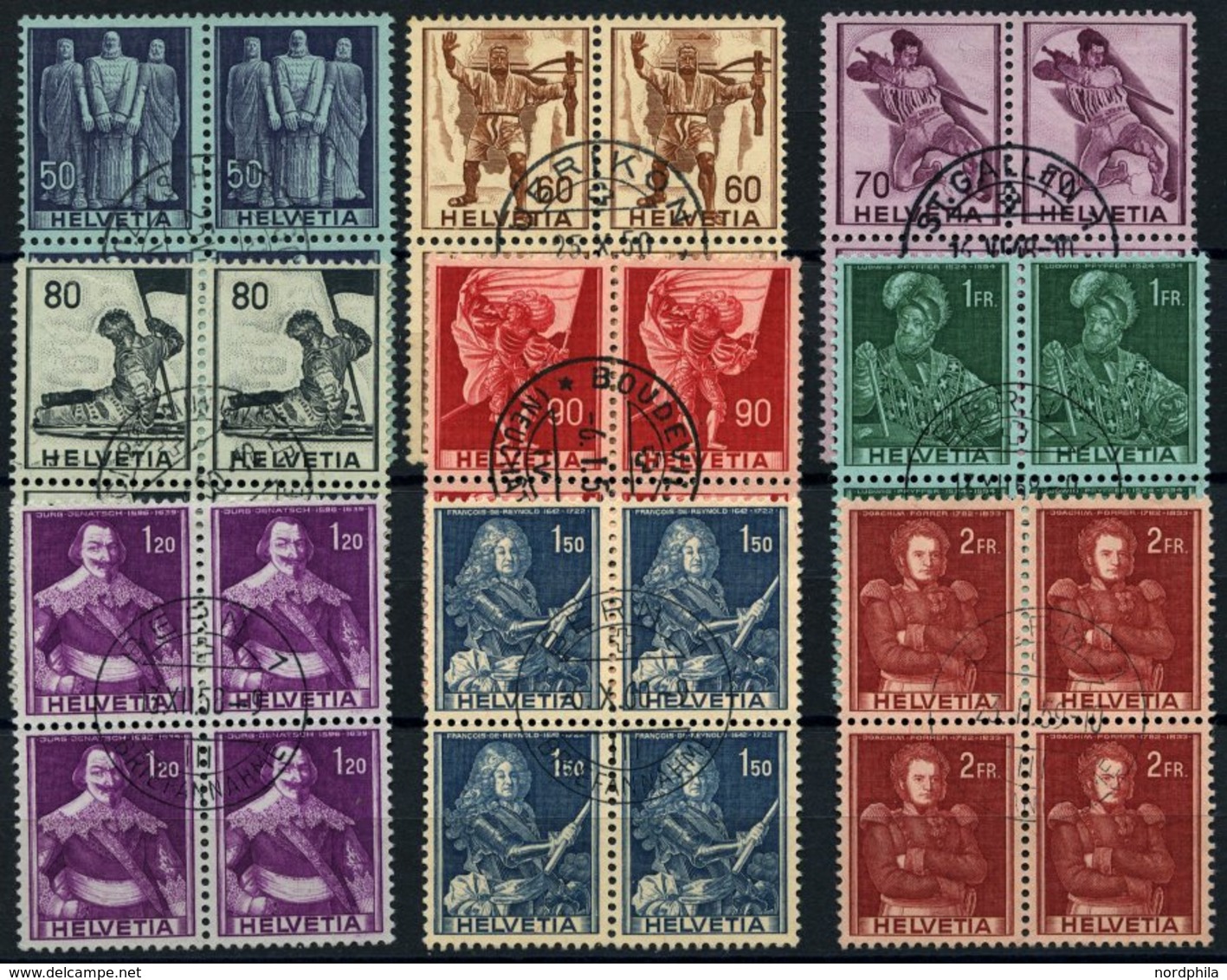 SCHWEIZ BUNDESPOST 377-85 VB O, 1941, Historische Darstellungen In Zentrisch Gestempelten Viererblocks, Prachtsatz - Andere & Zonder Classificatie