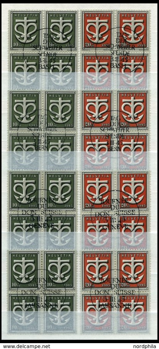 SCHWEIZ BUNDESPOST 443/4 VB O, 1945, Kriegsgeschädigte In Viererblocks Mit Zentrischen Sonderstempeln TAG DER SCHWEIZER  - Andere & Zonder Classificatie