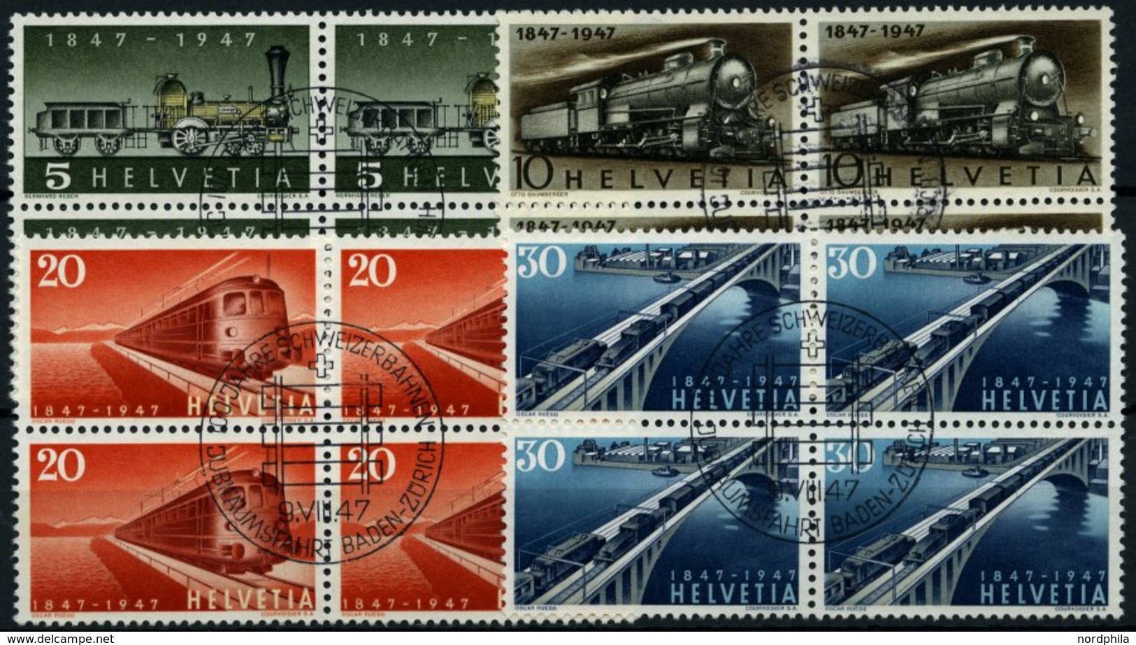 SCHWEIZ BUNDESPOST 484-87 VB O, 1947, 100 Jahre Eisenbahn In Viererblocks Mit Zentrischen Ersttagsstempeln, Prachtsatz - Altri & Non Classificati