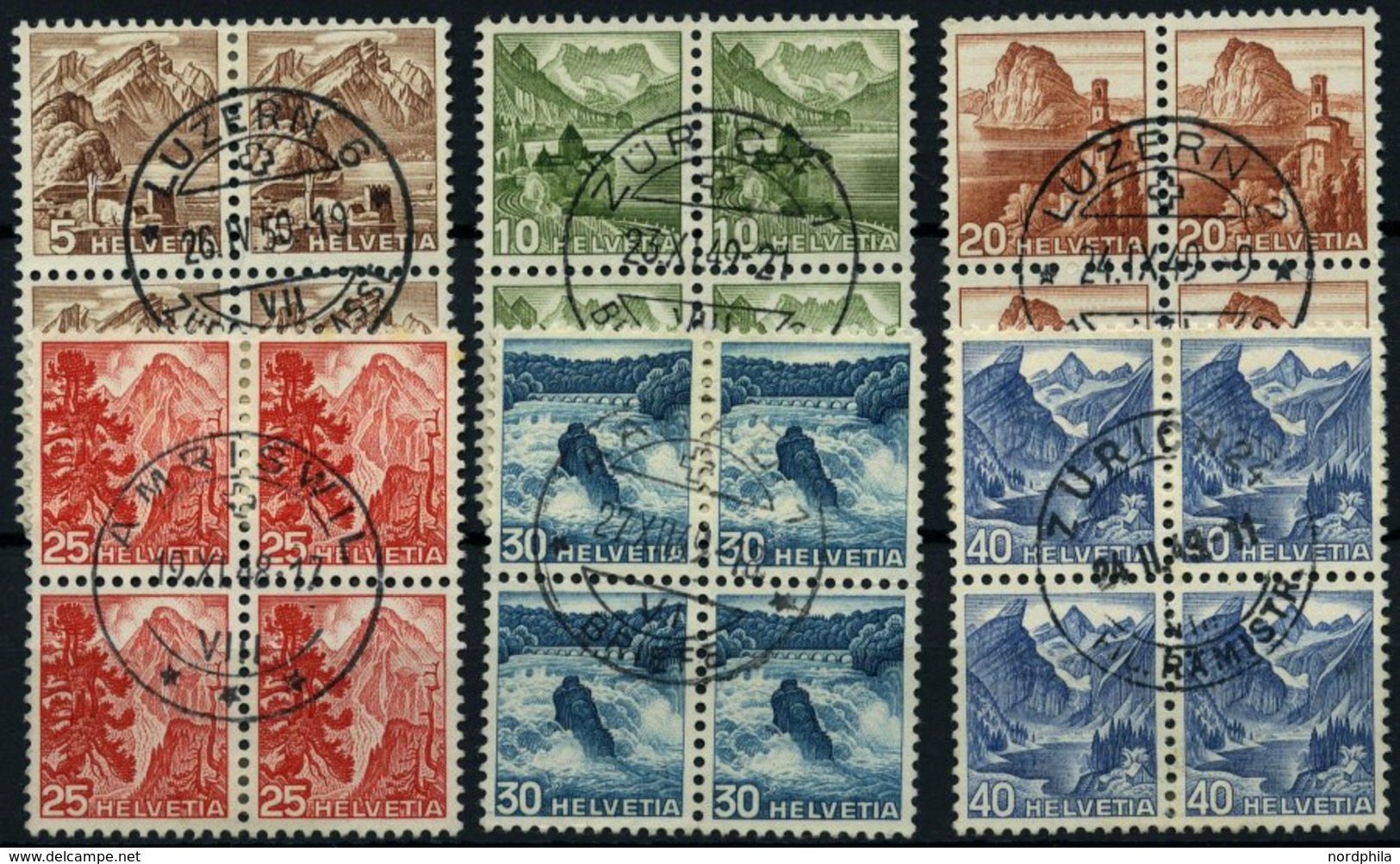 SCHWEIZ BUNDESPOST 500-05 VB O, 1948, Landschaften In Zentrisch Gestempelten Viererblocks, Prachtsatz - Andere & Zonder Classificatie