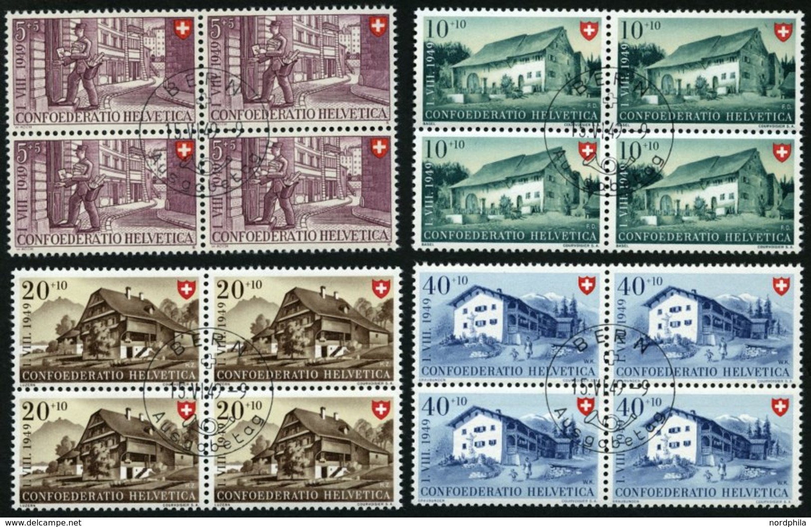 SCHWEIZ BUNDESPOST 525-28 VB O, 1949, Pro Patria In Viererblocks Mit Zentrischen Ersttagsstempeln, Prachtsatz - Andere & Zonder Classificatie