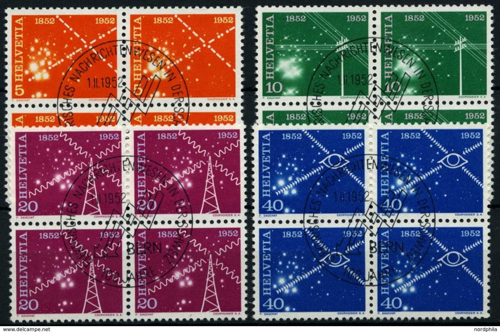 SCHWEIZ BUNDESPOST 566-69 VB O, 1952, 100 Jahre Elektrisches Nachrichtenwesen In Viererblocks Mit Zentrischen Ersttagsst - Other & Unclassified