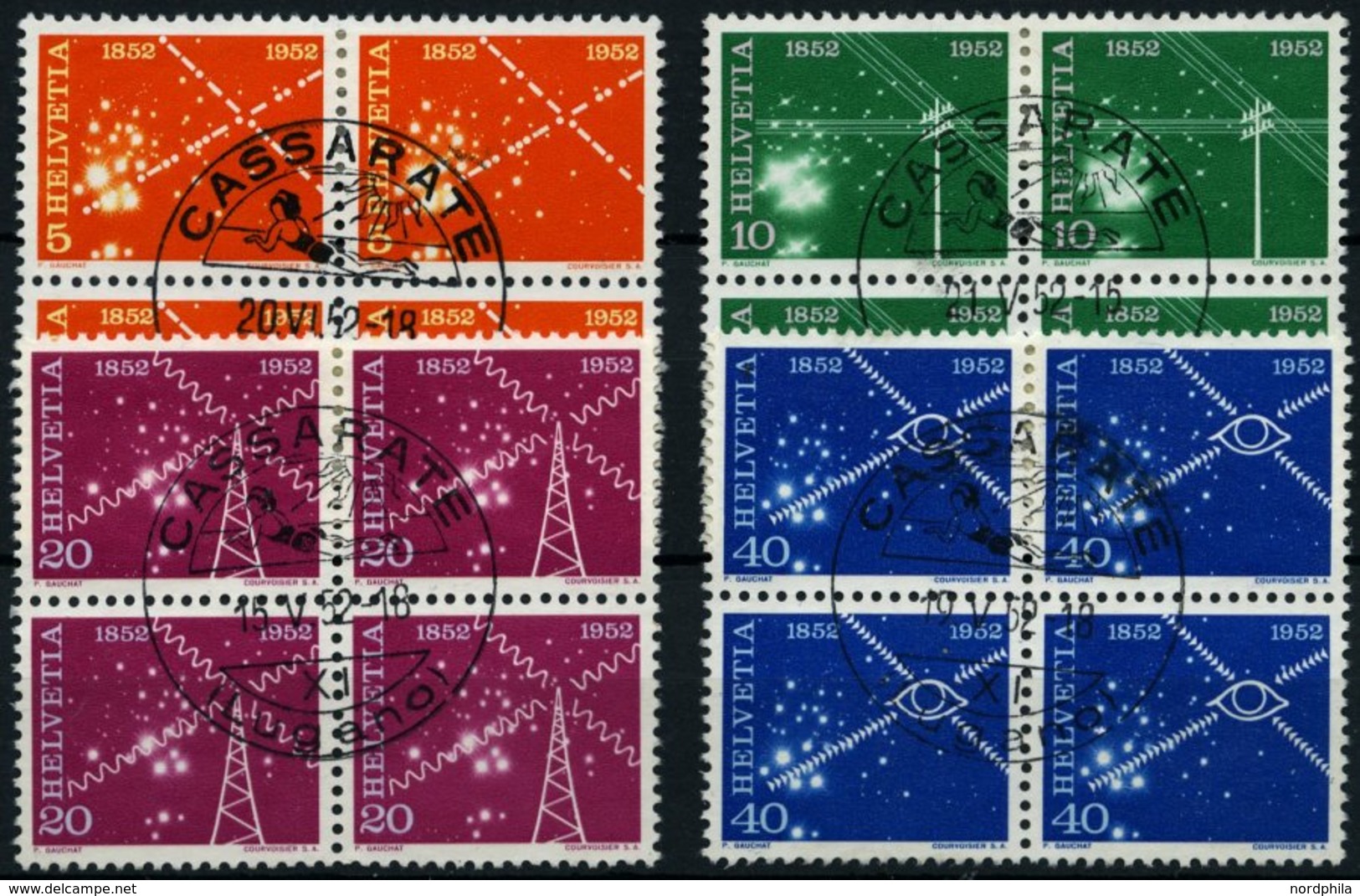 SCHWEIZ BUNDESPOST 566-69 VB O, 1952, 100 Jahre Elektrisches Nachrichtenwesen In Zentrisch Gestempelten Viererblocks, Pr - Other & Unclassified