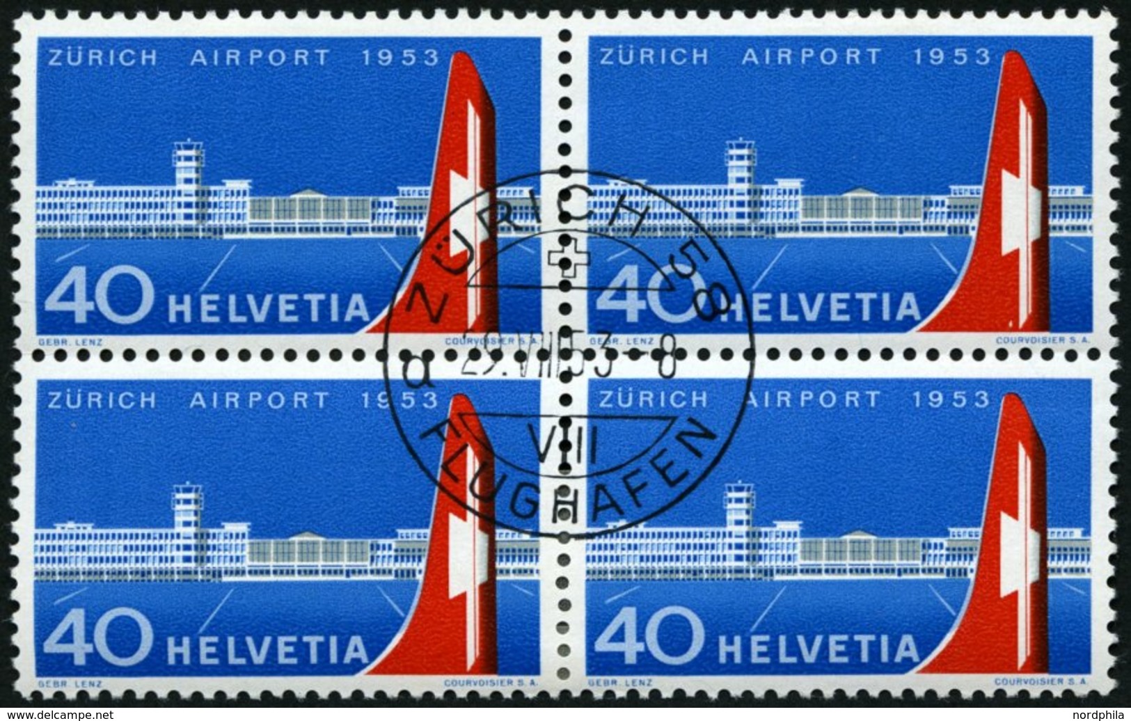 SCHWEIZ BUNDESPOST 585 VB O, 1953, Flughafen Zürich-Kloten Im Viererblock Mit Zentrischem Ersttagsstempel, Pracht - Altri & Non Classificati