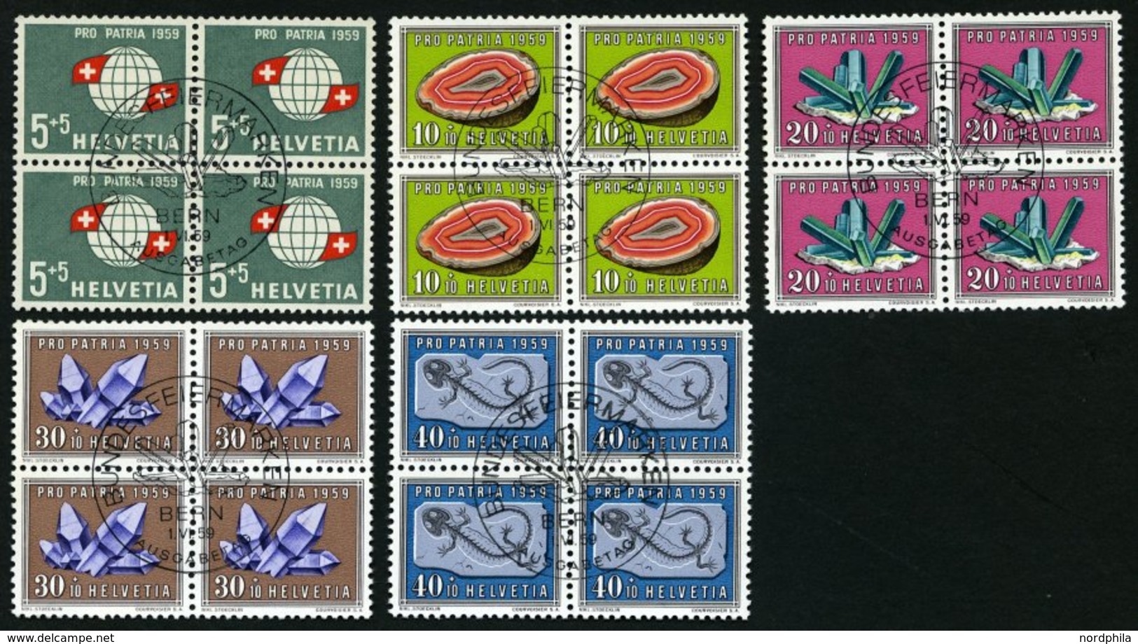 SCHWEIZ BUNDESPOST 674-78 VB O, 1959, Pro Patria In Viererblocks Mit Zentrischen Ersttagsstempeln, Prachtsatz - Other & Unclassified