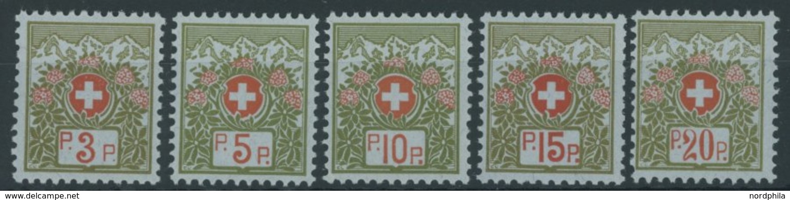 PORTOFREIHEITSMARKEN Pf 3-7II **, 1911-21, 3 - 20 C. Alpenrose, Ohne Kontrollnummer, 5 Postfrische Prachtwerte, Mi. 69.3 - Franchigia