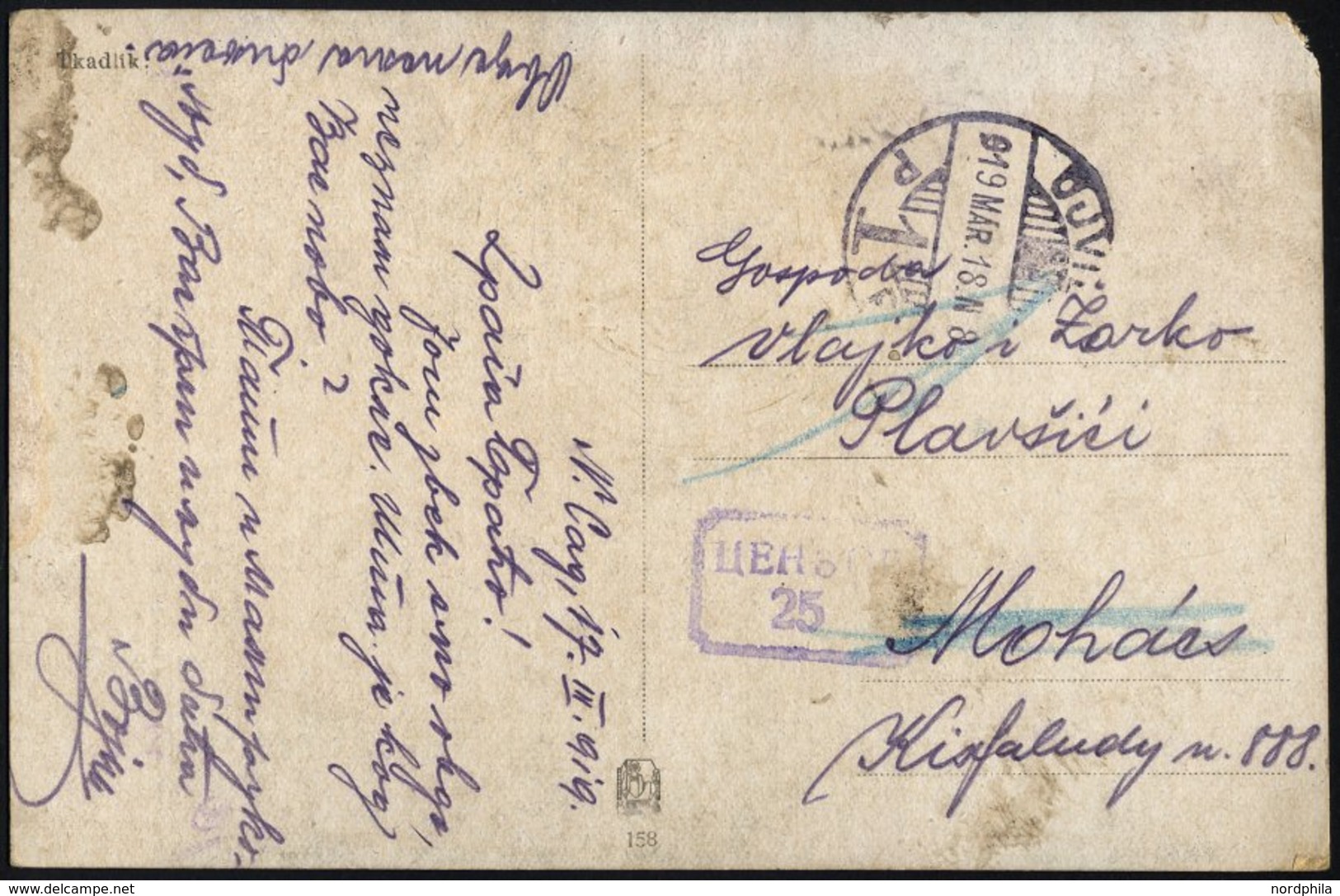 SERBIEN 1919, Serbischer Zensurstempel Aus Dem Ungarischen Ort VJVIDEK Auf Feldpost-Ansichtskarte, Feinst - Serbie