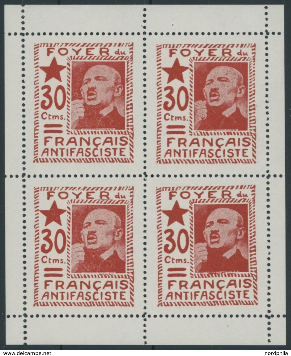 LOKALAUSGABEN VB **, 1937, 30 C. Rot Foyer Du Français Antifasciste ím Postfrischen Kleinbogen (4), Pracht - Other & Unclassified
