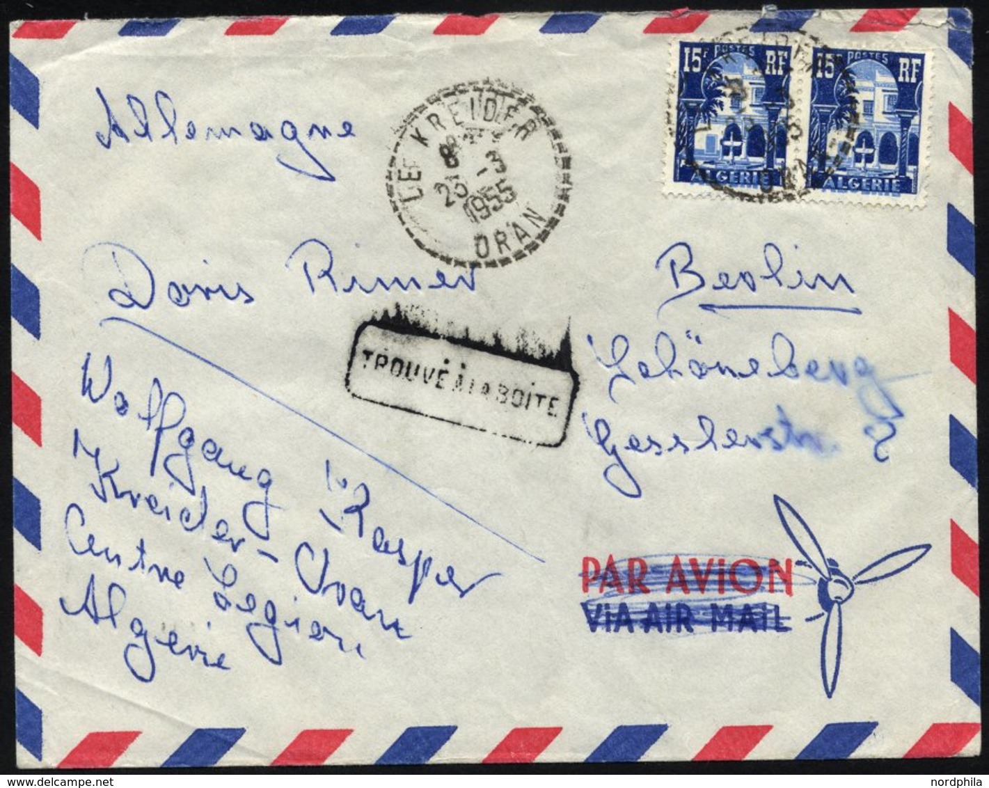 ALGERIEN 328 Paar BRIEF, 1955, 15 Fr. Blau/hellblau Im Paar Auf Brief Eines Deutschen Fremdenlegionärs Aus Der Nähe Von  - Algerije (1962-...)