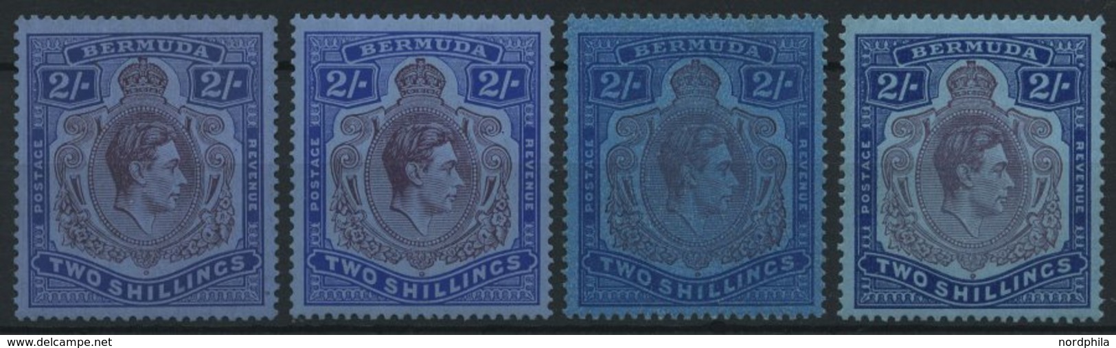 BERMUDA-INSELN 111a-c *, 1938-43, 2 Sh., Gezähnt 14, 4 Verschiedene Werte, Falzrest, Pracht - Bermuda