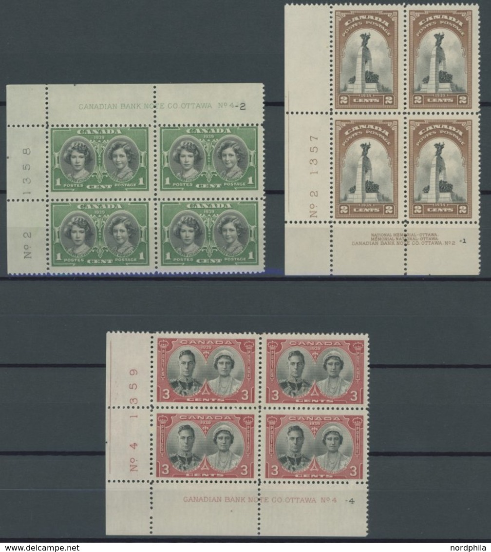 KANADA 213-15 VB **, 1939, Besuch Des Königspaares In Postfrischen Eckrandviererblocks Mit Plattennummer, Pracht - Canada