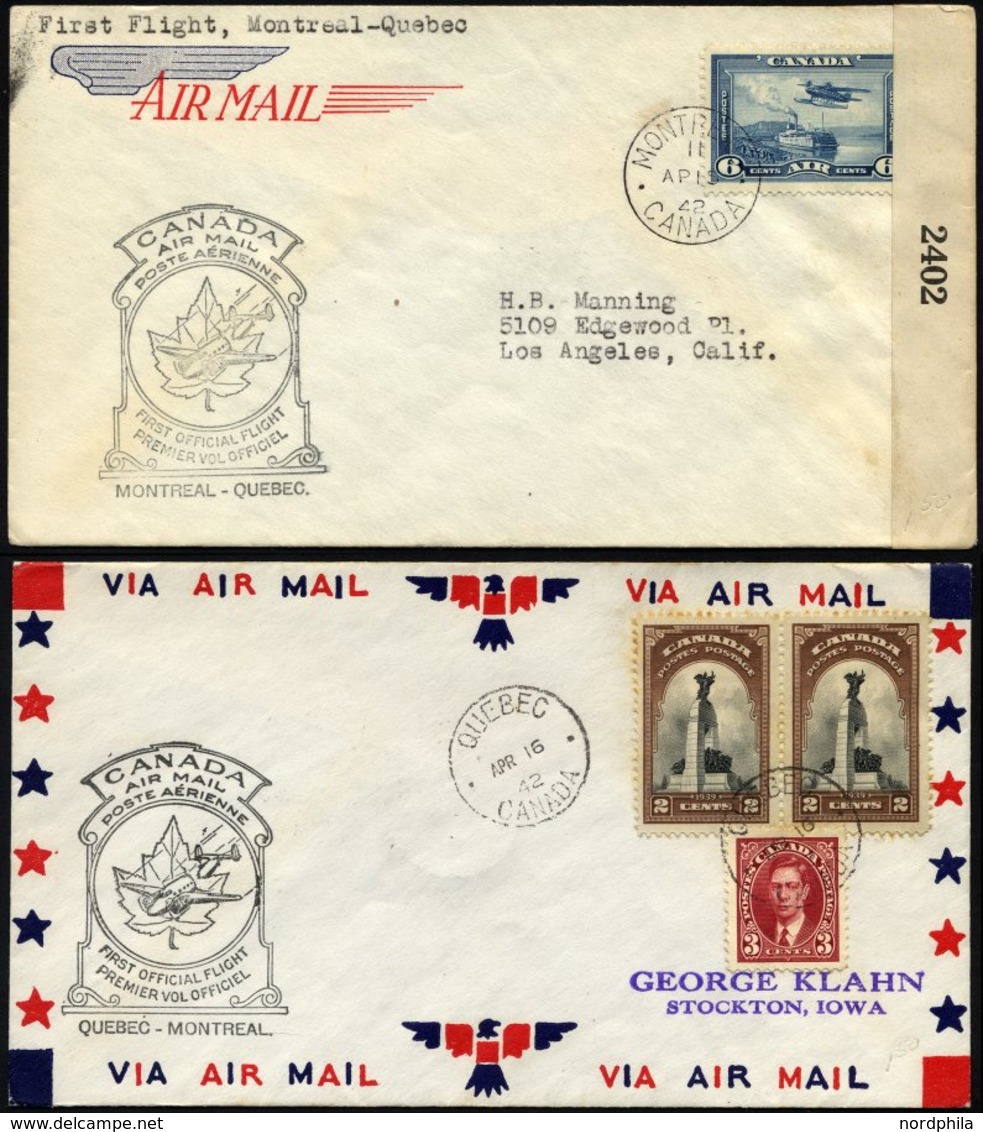 KANADA 211,214 BRIEF, 11.4.1942, Erstflug MONTREAL-QUEBEC Und Am 16.4. Rückflug, 2 Prachtbriefe - Canada