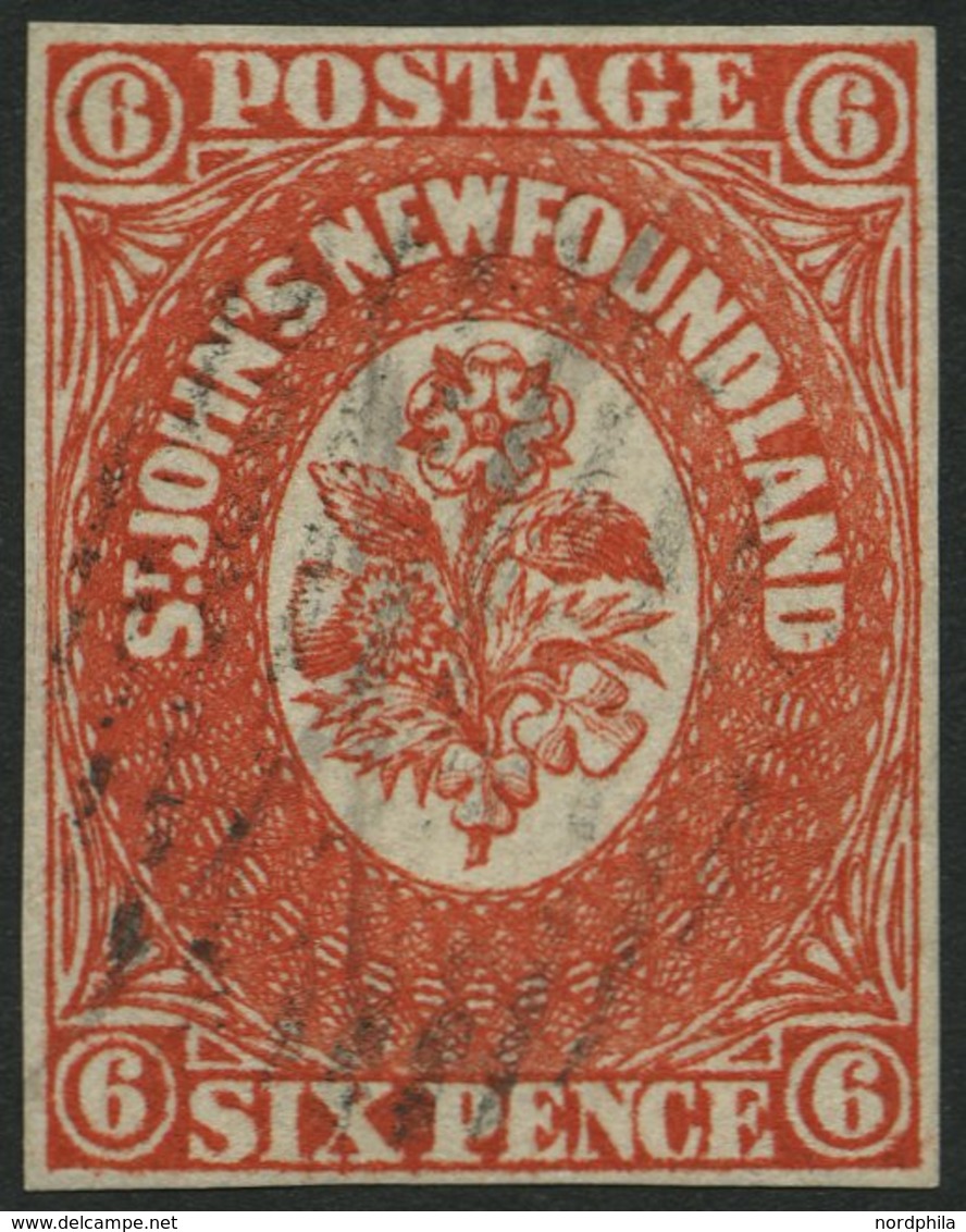 KANADA - NEUFUNDLAND 6a O, 1857, 6 P. Zinnober (SG.-Nr. 6), Zarter Balkenstempel, Vollrandig, Farbfrisches Prachtstück,  - 1857-1861