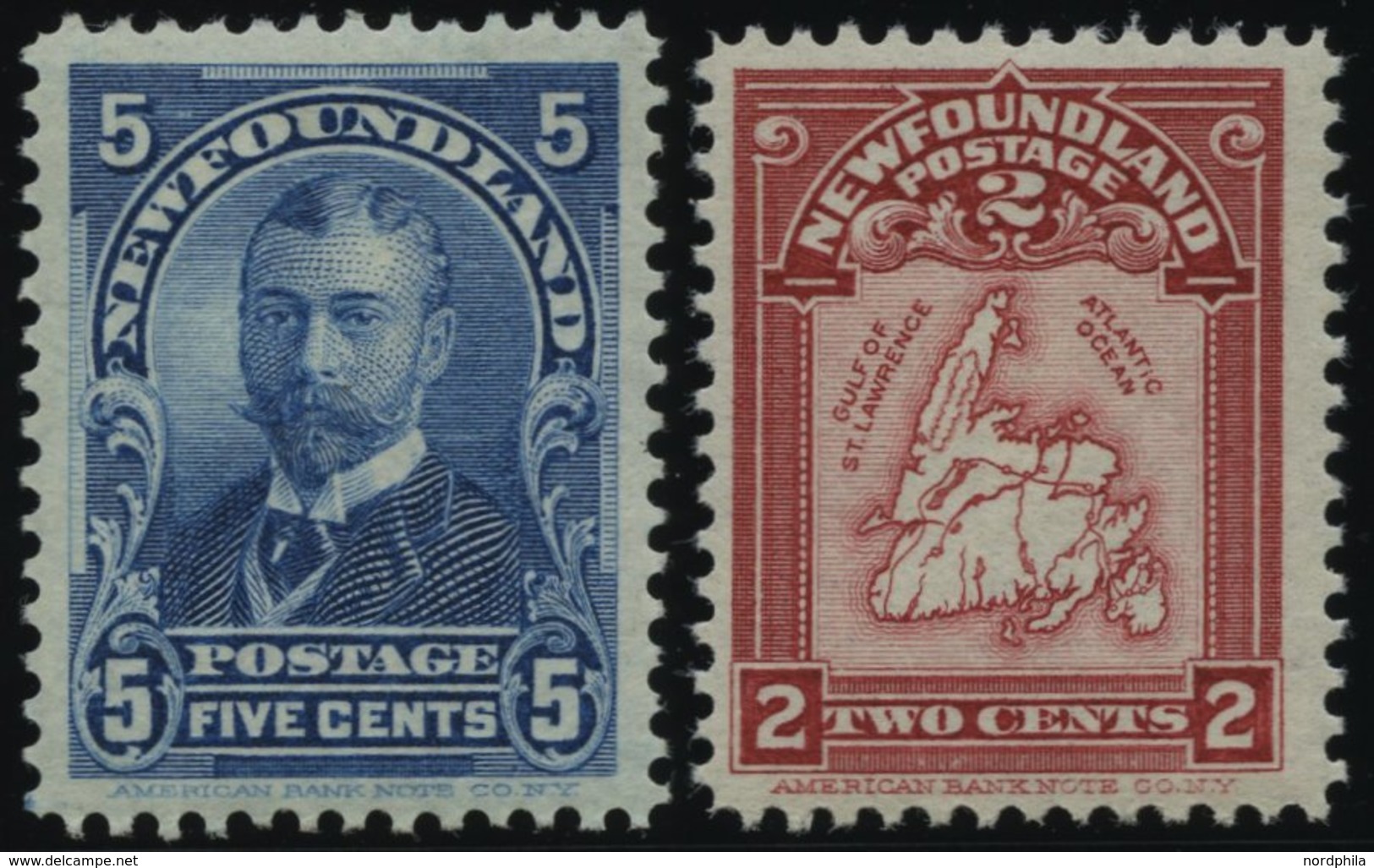 KANADA - NEUFUNDLAND 66/7 *, 1899/1908, 5 C. König Georg V Und 2 C. Landkarte, Falzrest, 2 Prachtwerte, Mi. 95.- - 1857-1861