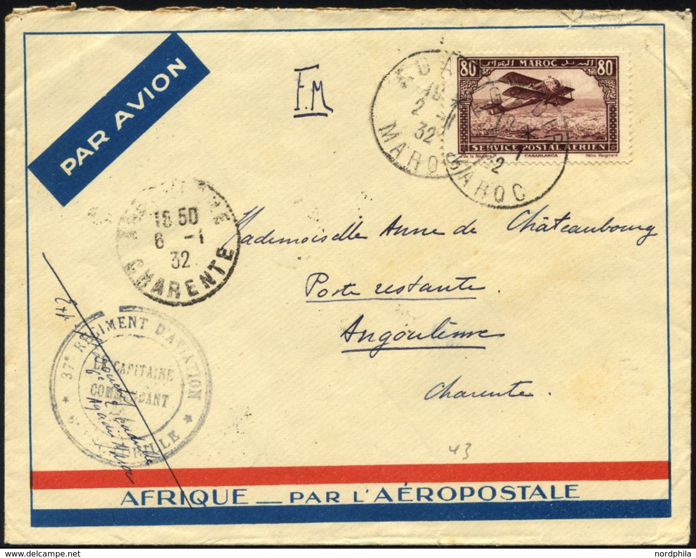 MAROKKO 43 BRIEF, 1932, 80 C. Flugzeug Auf Feldpostbrief Aus Agadir Mit Stempel Des 37. Militärflieger-Regiments, Feinst - Marokko (1956-...)