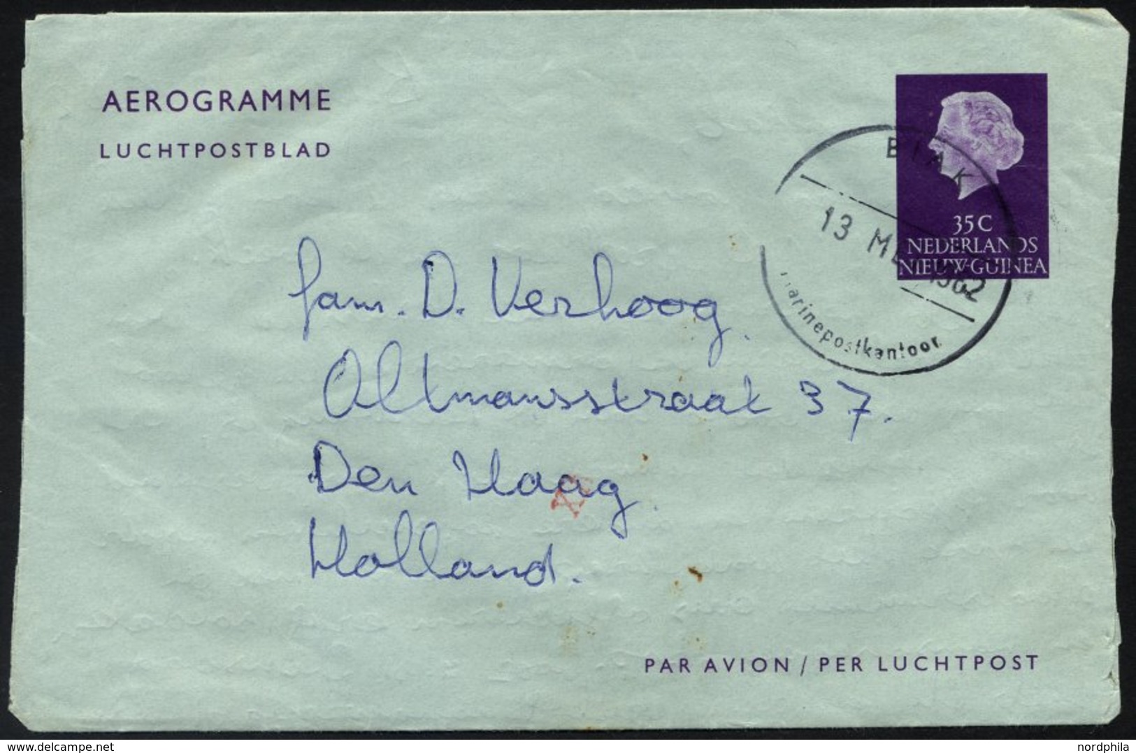 NIEDERLÄNDISCH-NEUGUINEA 1962, 35 C. Violett Ganzsachen-Aerogramm über Das Marine-Postkontor Biak Nach Holland, Feinst - Nuova Guinea Olandese