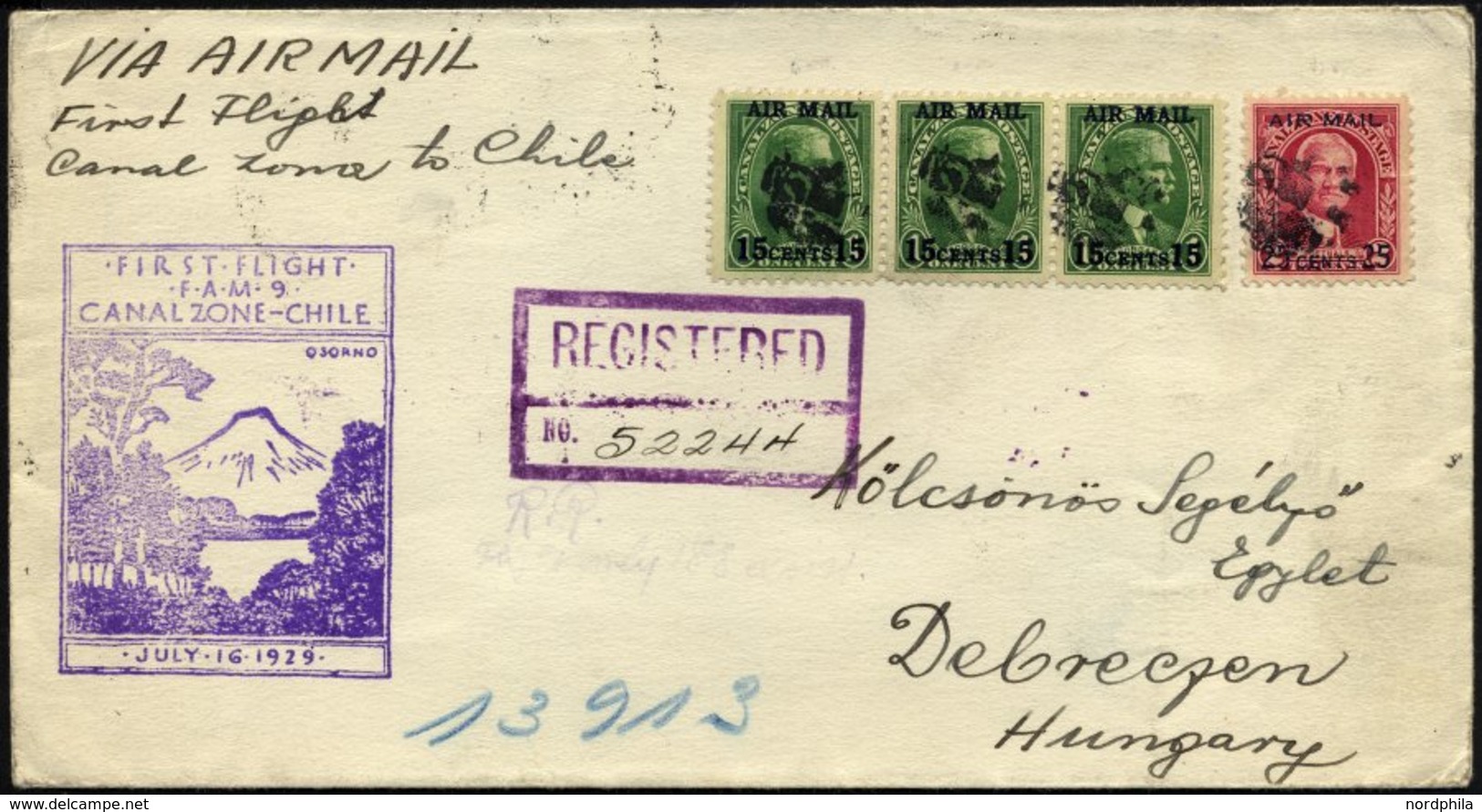 PANAMA-KANALZONE 80/1 BRIEF, 16.7.1929, Erstflug F.A.M.9 CANALZONE-CHILE, Reco-Flugbrief Nach Debreczen/Ungarn: (Christo - Panama