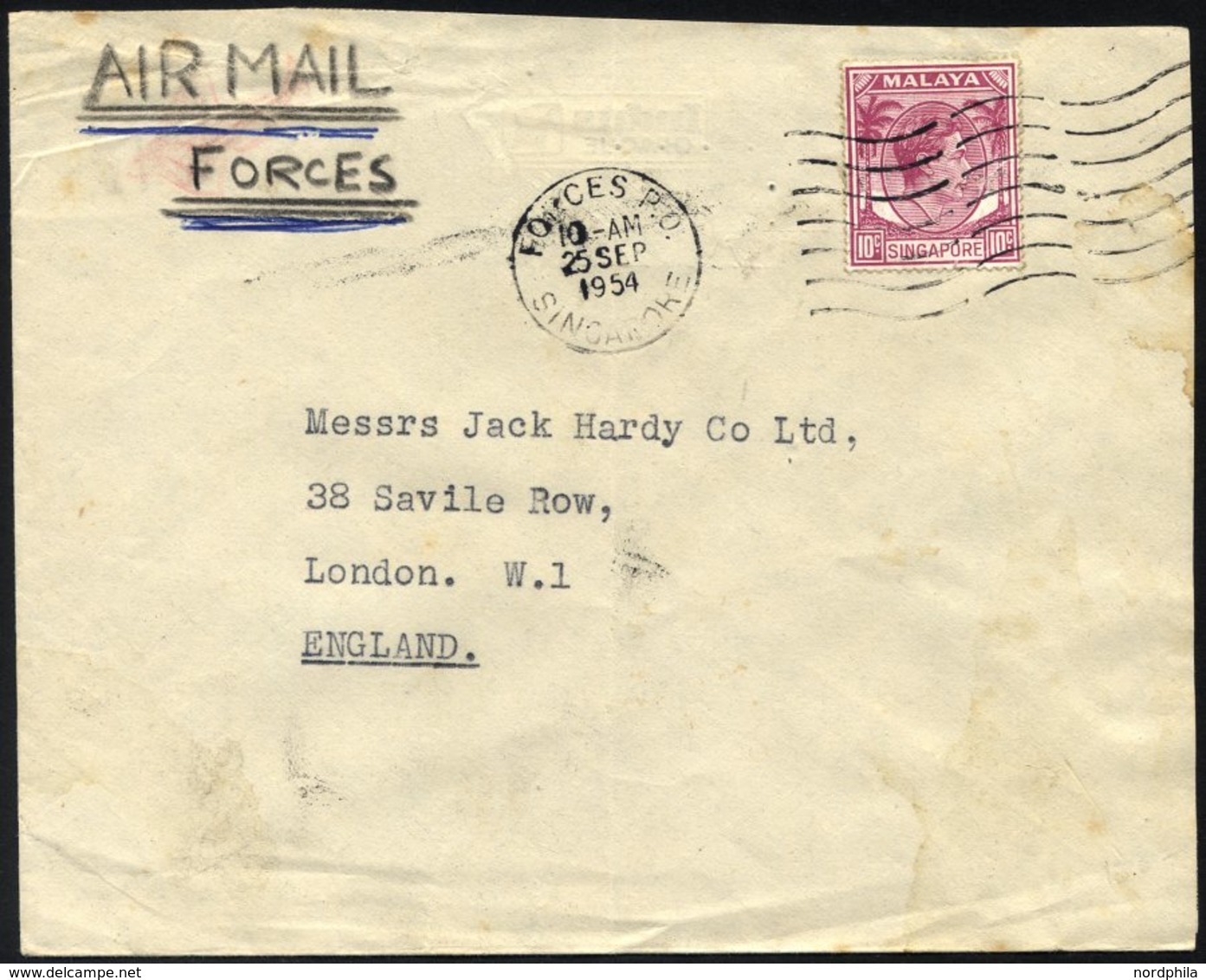 SINGAPUR 9 BRIEF, 1954, 10 C. König Georg VI Mit K1 FORCES P.O./Datum/SINGAPORE Auf Feldpostbrief Aus Dem Großen Hauptqu - Singapore (1959-...)