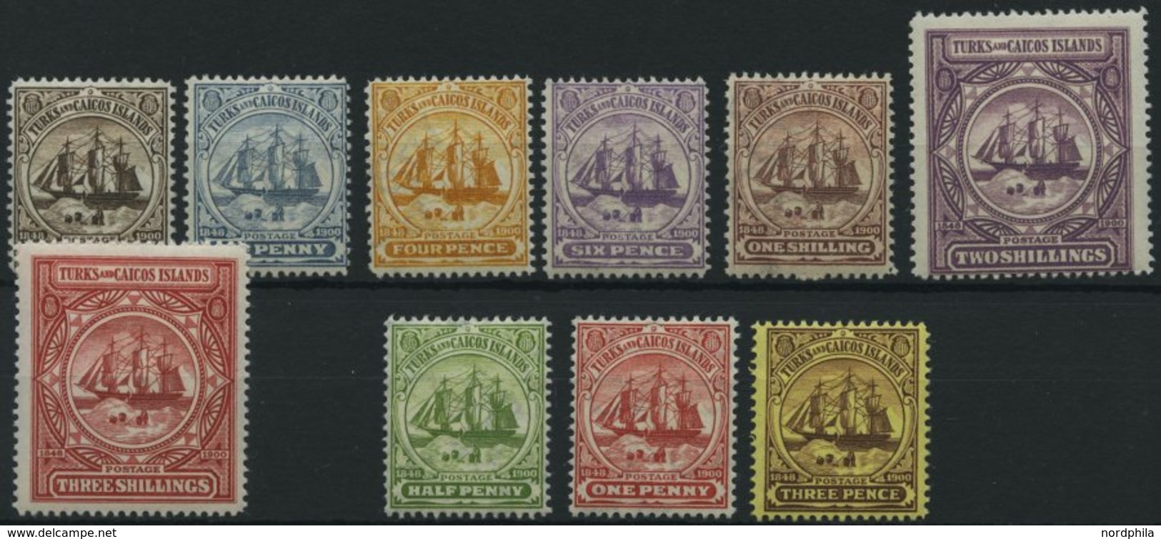 TURKS- UND CAICOS-INSELN 36-45 *, 1900-05, 2 P. - 3 Sh. Und 1/2 P. - 3 P., Falzrest, 10 Prachtwerte, Mi. 186.- - Turks And Caicos