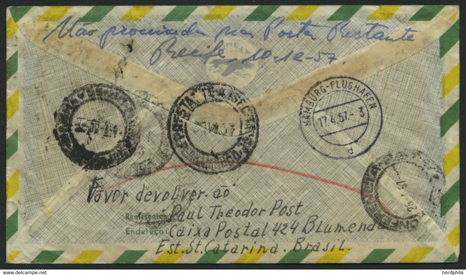 URUGUAY 785 BRIEF, 16.4.1957, LH-Flug Montevideo-Recife, Prachtbrief, R! - Uruguay