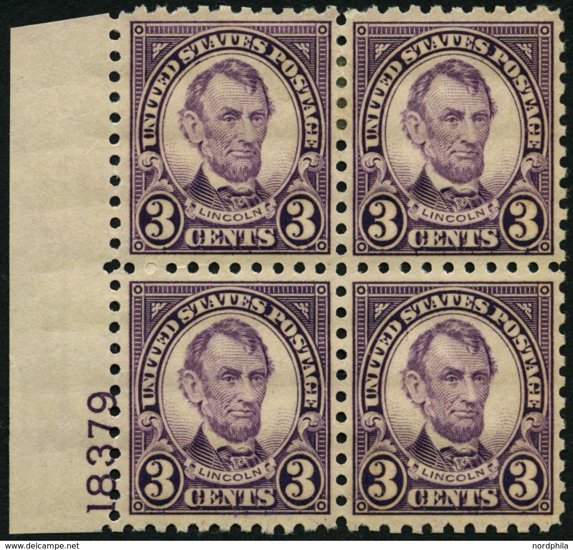 USA 264C VB **,* , Scott 584, 1925, 3 C. Lincoln, Gezähnt L 10, Im Plattenviererblock, Die Beiden Unteren Werte Postfris - Usati