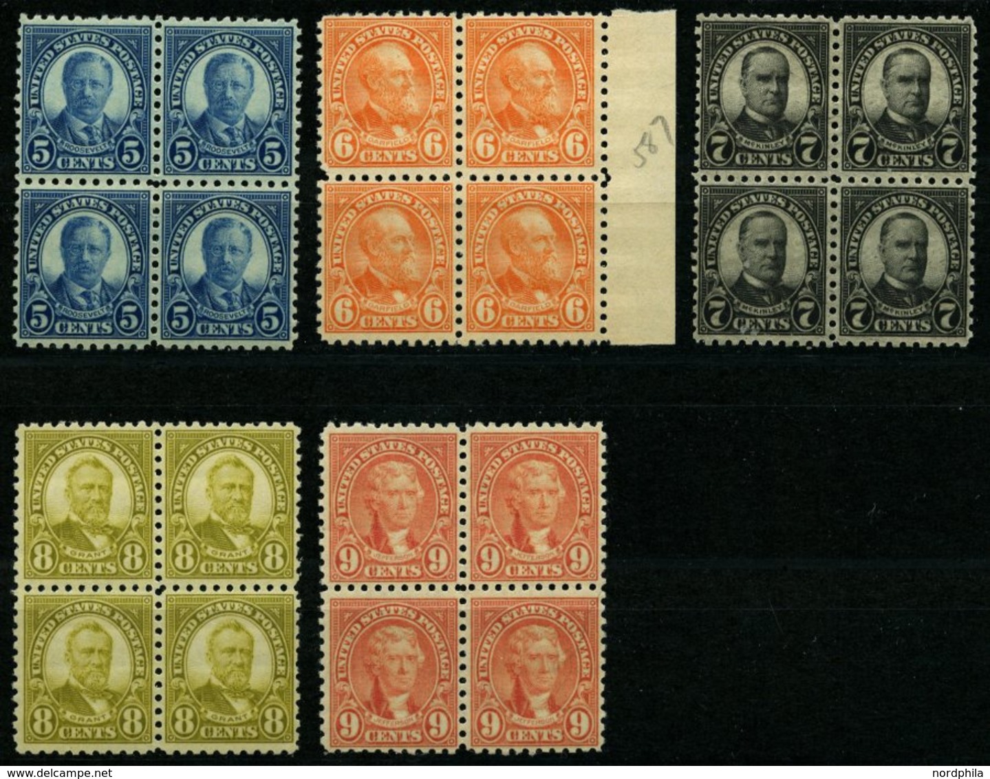 USA 267-71C VB **, Scott 586-90, 1925, 5 - 9 C. Bedeutende Persönlichkeiten, Gezähnt L 10, In Postfrischen Viererblocks, - Gebruikt